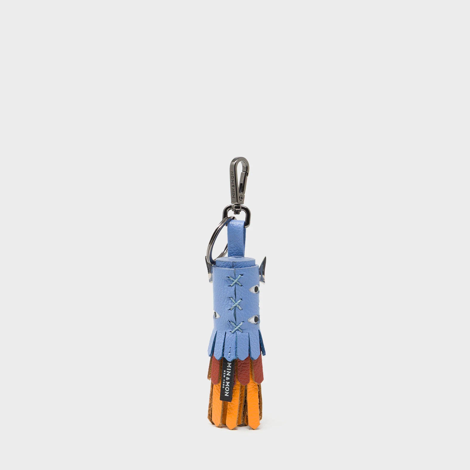 Oliver The Ox Charm - Vista Blue and Baked City Brown Leather Keychain - Back View