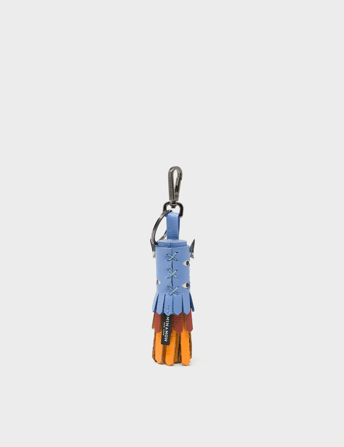 Oliver The Ox Charm - Vista Blue and Baked City Brown Leather Keychain - Back View