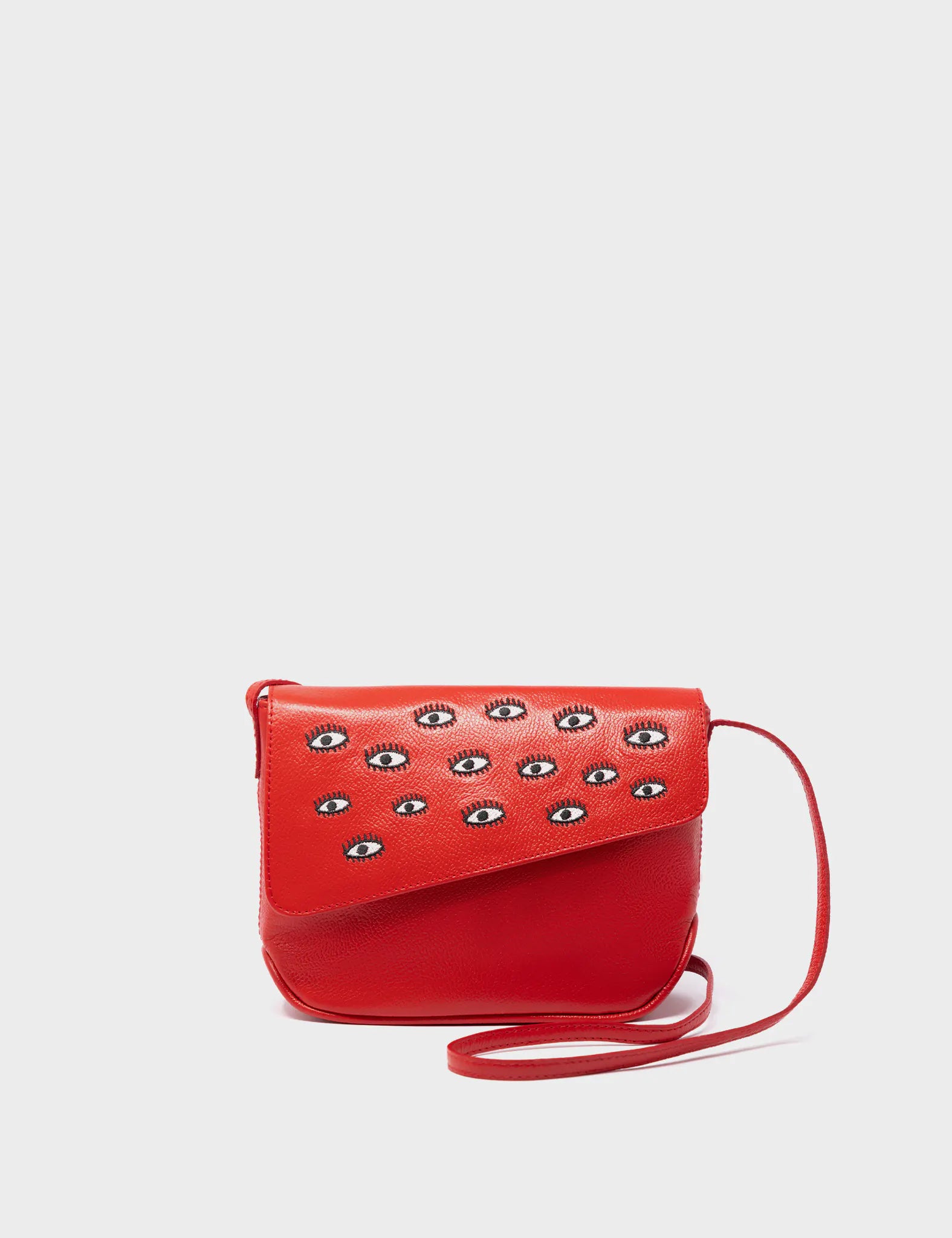 Bruno Mini Crossbody Red Leather Bag - All Over Eyes Embroidery - Front View