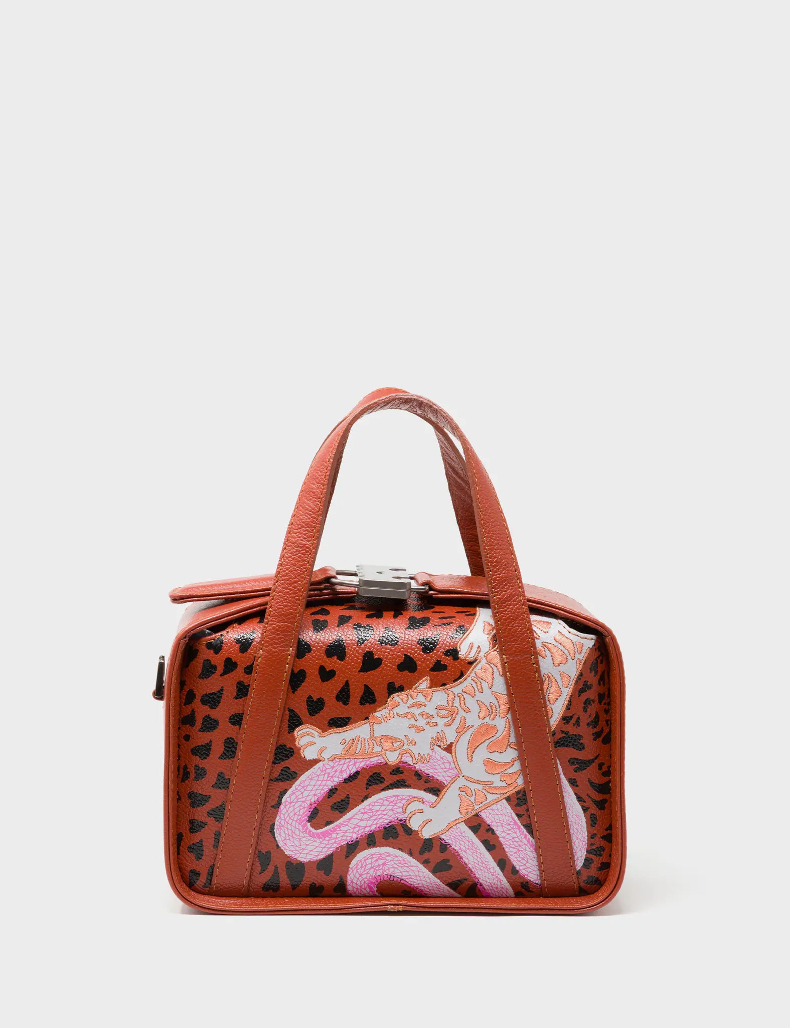 Benji Small Crossbody Baked City Brown Leather Bag -  Retro Tiger Design - Front View