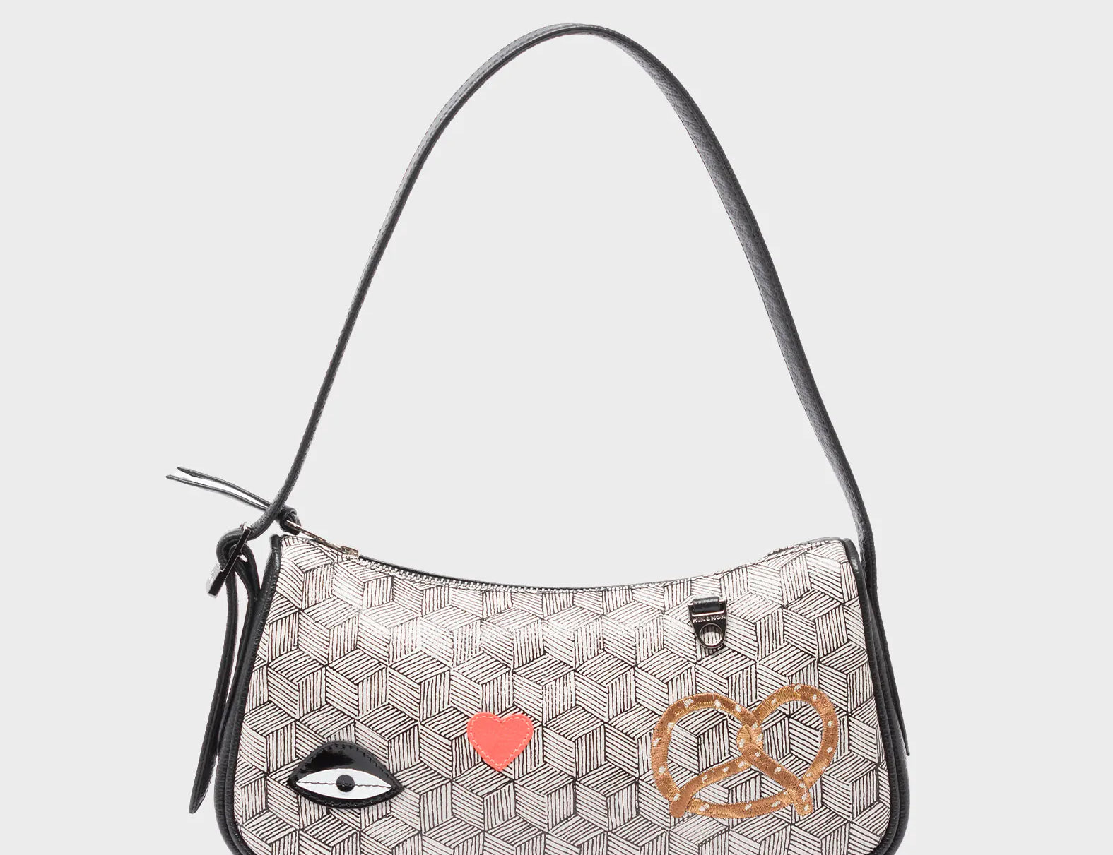 Lucas Hobo Mini Cream Handbag - Pretzel and Cubes Design - Front View