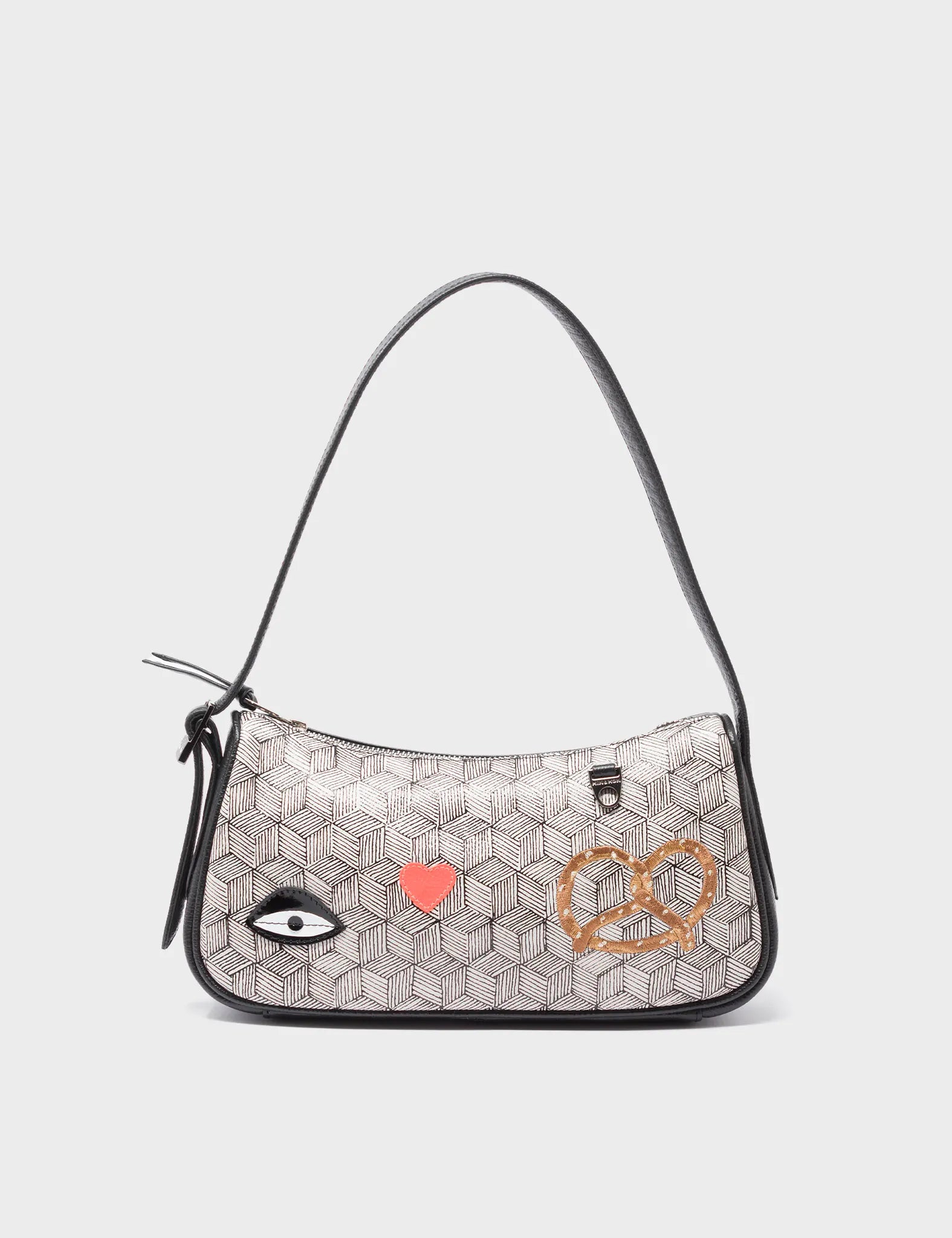 Lucas Hobo Mini Cream Handbag - Pretzel and Cubes Design - Front View