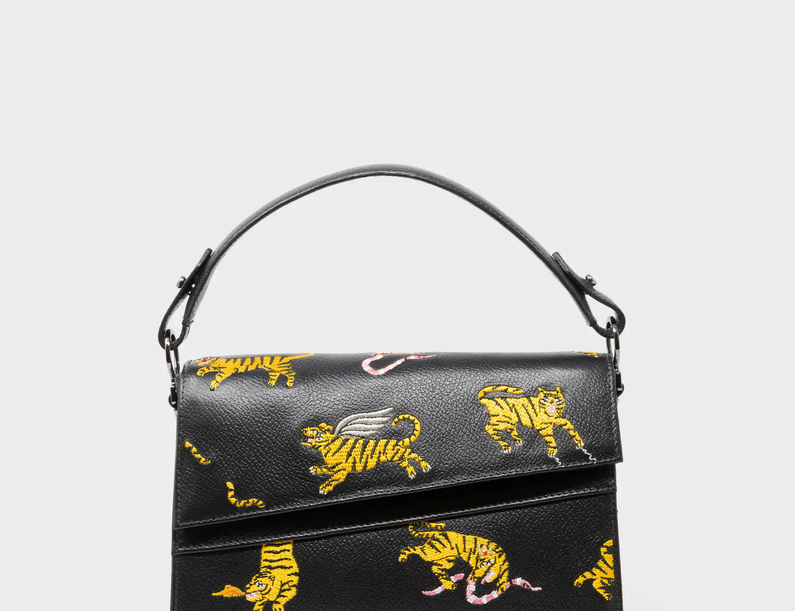 Anastasio Mini Crossbody Handbag Black Leather - Tigers Pattern - Front