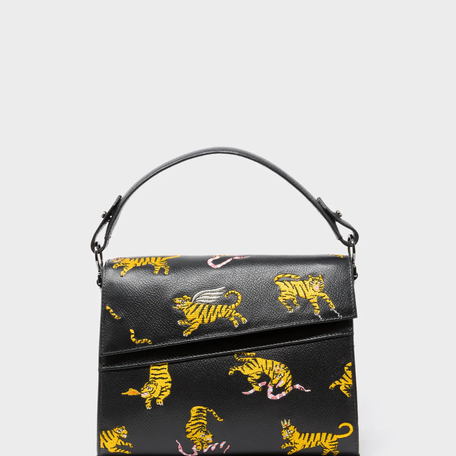 Anastasio Mini Crossbody Handbag Black Leather - Tigers Pattern - Front