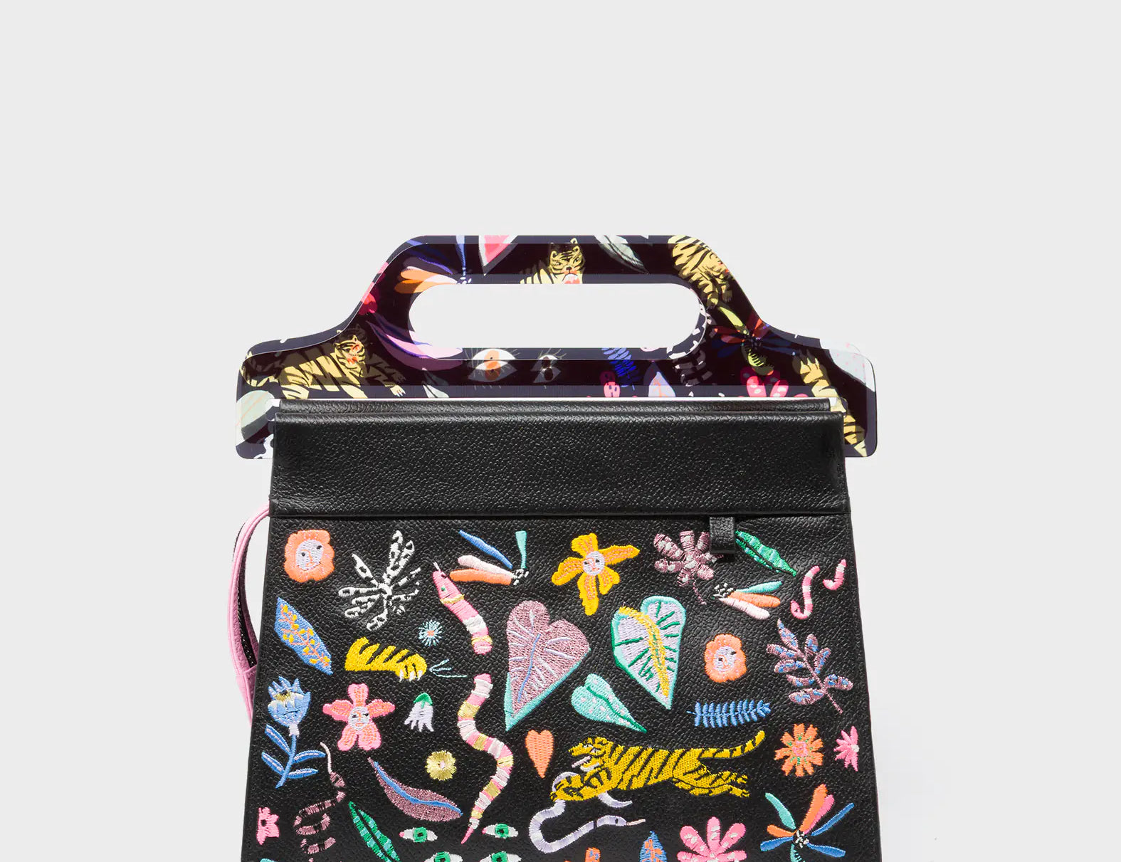 Vali Black Leather Crossbody Handbag Plastic Handle - Autumn Blush Embroidery - Front View
