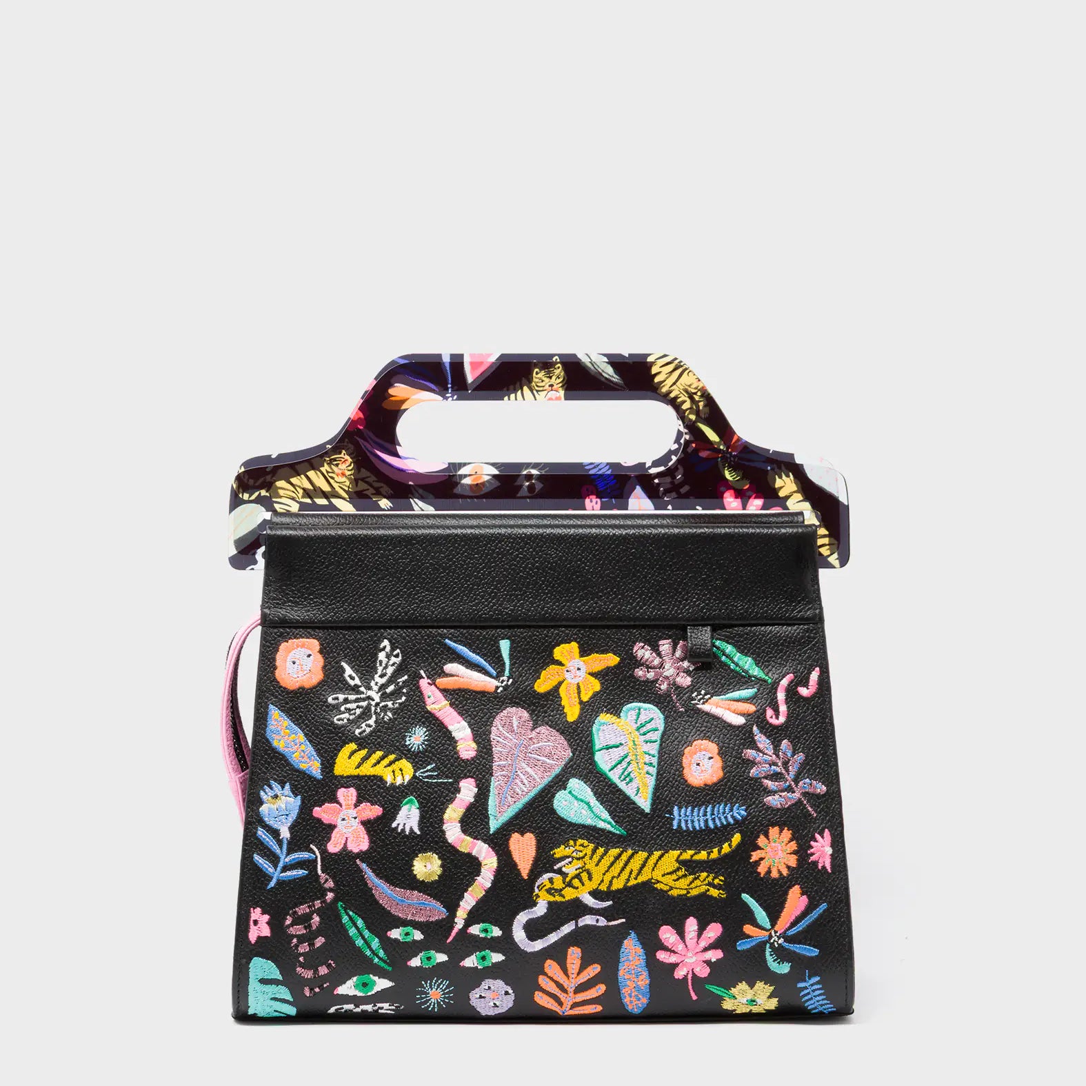 Vali Black Leather Crossbody Handbag Plastic Handle - Autumn Blush Embroidery - Front View