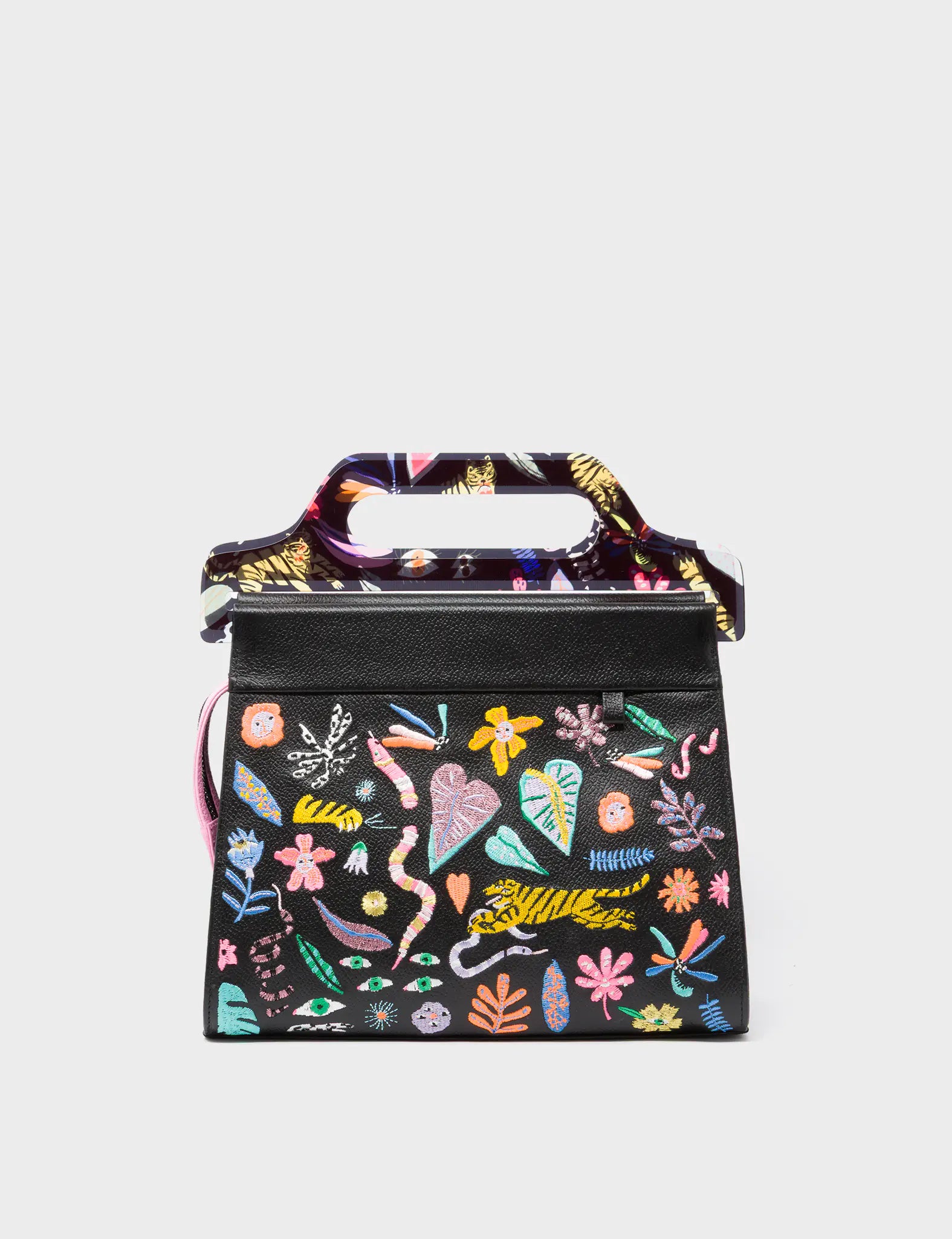 Vali Black Leather Crossbody Handbag Plastic Handle - Autumn Blush Embroidery - Front View