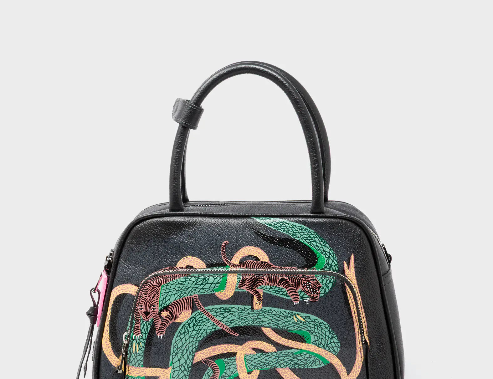 Marino Medium Crossbody Black Leather Bag - Tiger And Snake Print - Front View