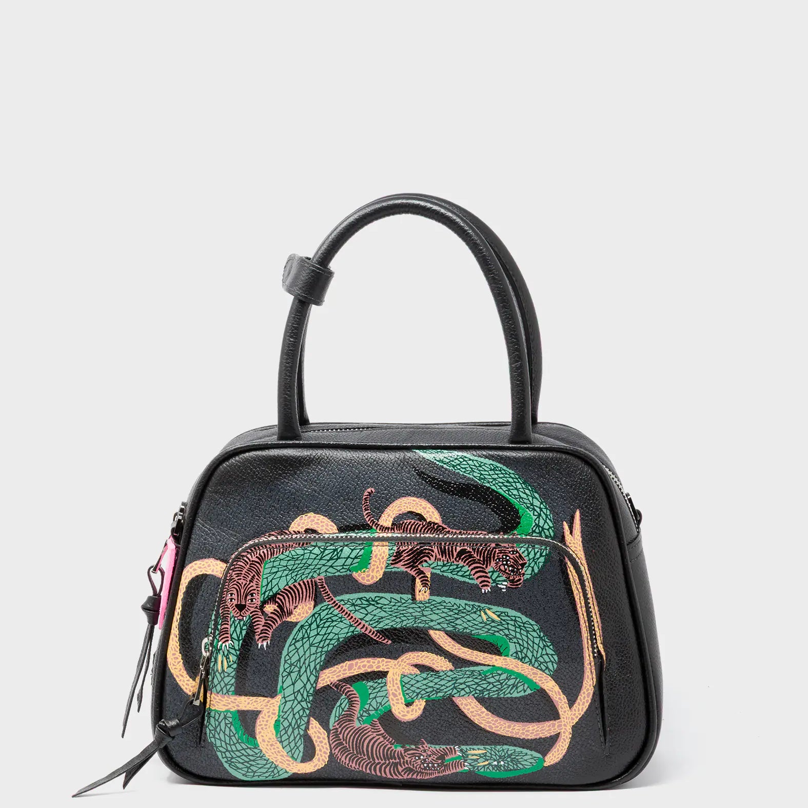 Marino Medium Crossbody Black Leather Bag - Tiger And Snake Print - Front View