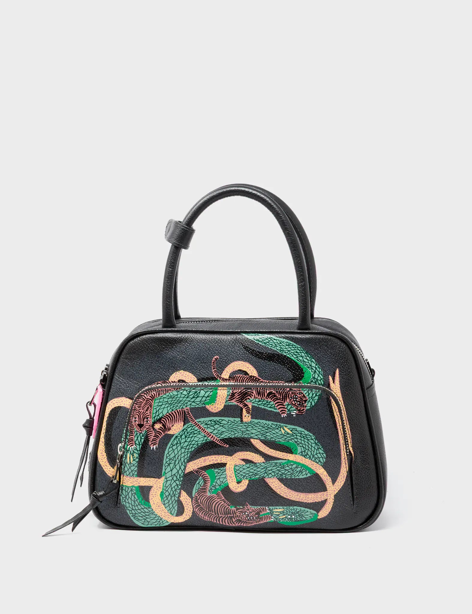 Marino Medium Crossbody Black Leather Bag - Tiger And Snake Print - Front View