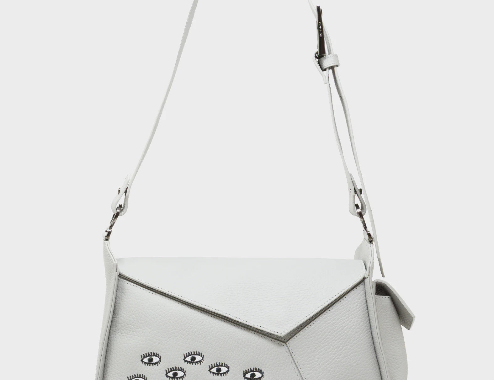 Houston Moonwalk Gray Leather Shoulder Bag - All Over Eyes Embroidery - Front View