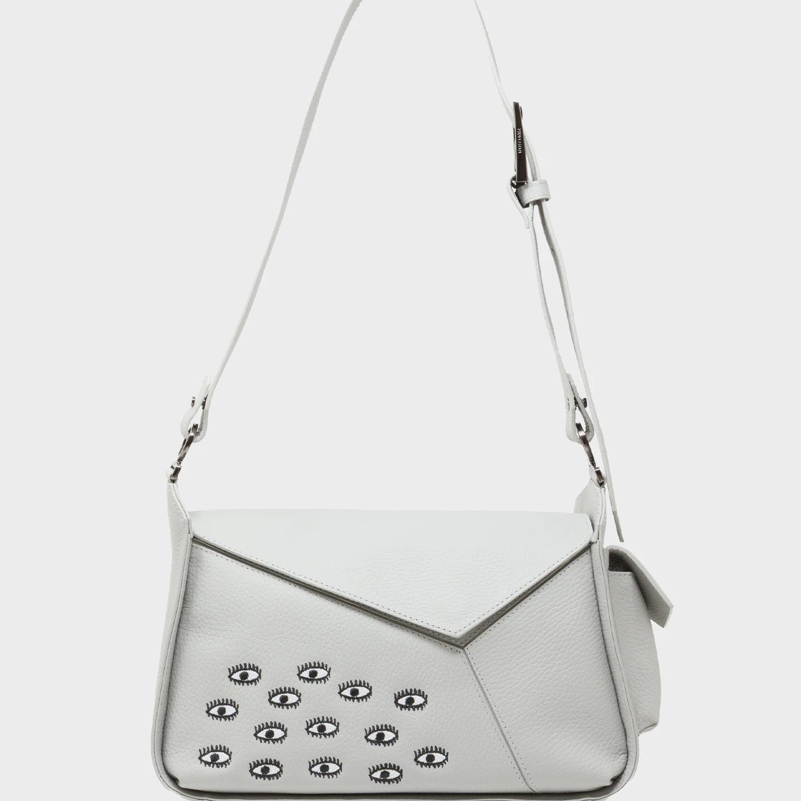 Houston Moonwalk Gray Leather Shoulder Bag - All Over Eyes Embroidery - Front View