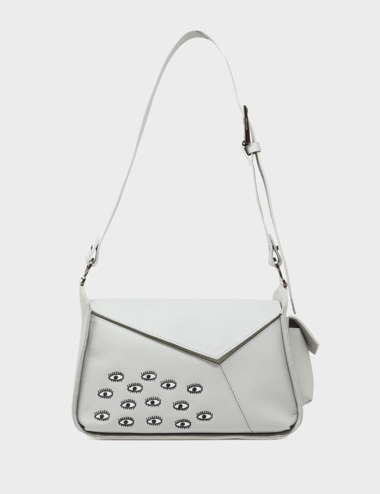 Houston Moonwalk Gray Leather Shoulder Bag - All Over Eyes Embroidery - Front View