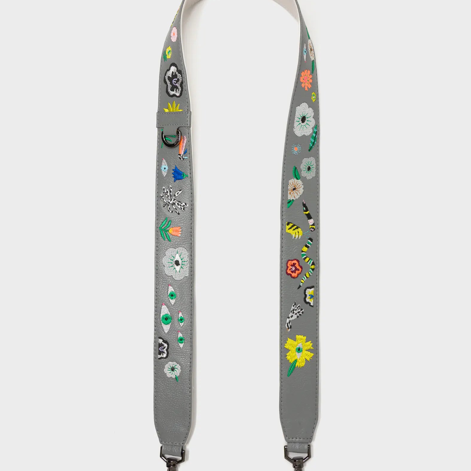 Detachable Gray Leather Shoulder Strap - Floralia Embroidery  - Open View
