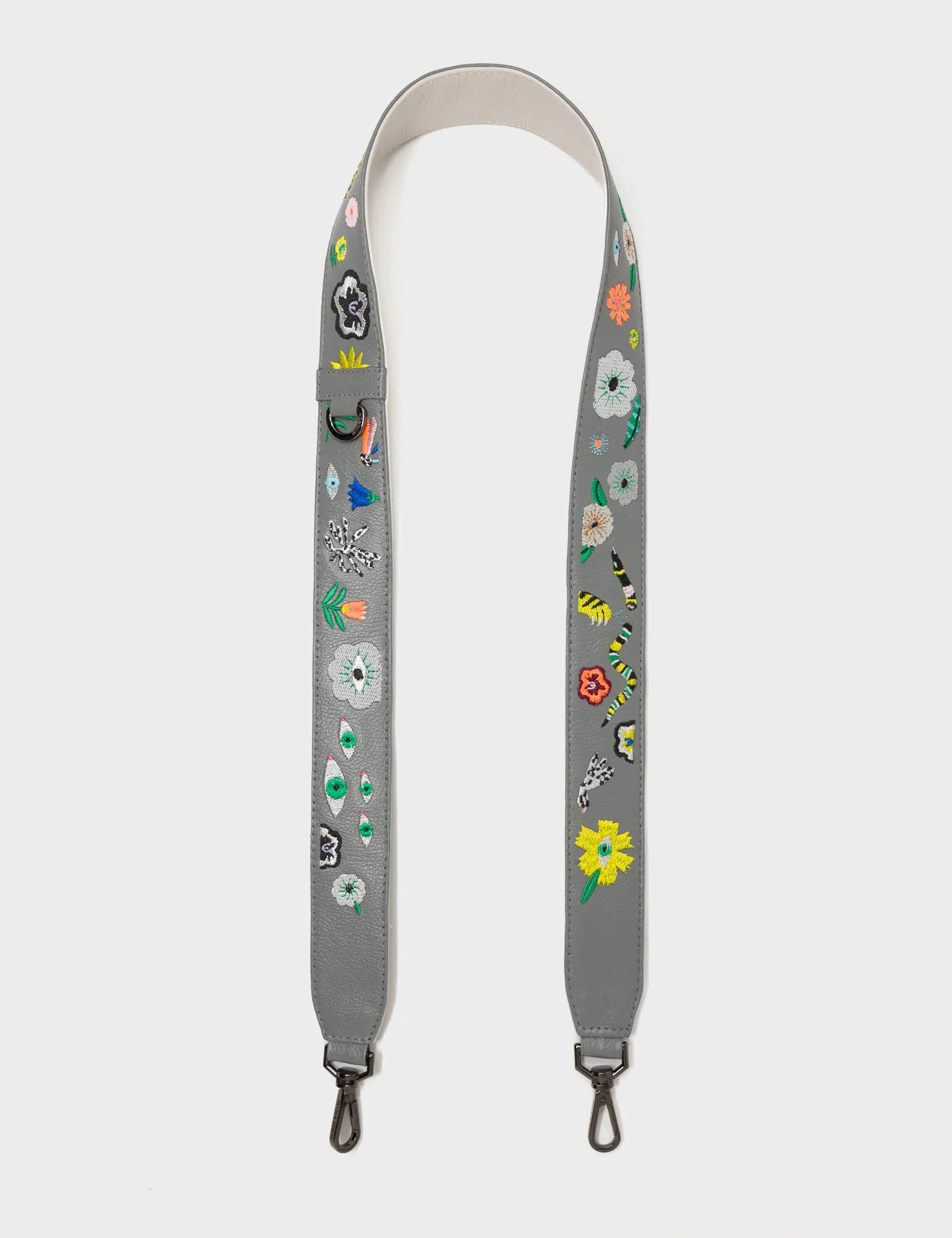 Detachable Gray Leather Shoulder Strap - Floralia Embroidery  - Open View