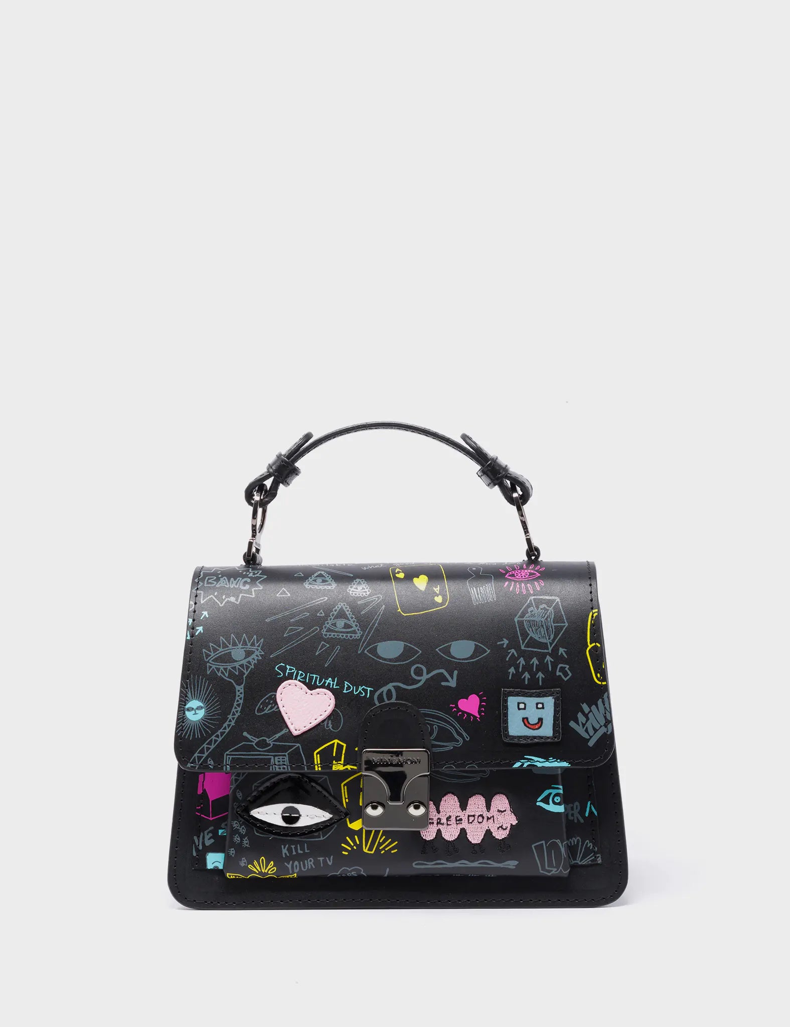 Silas Black Small Leather Crossbody Bag - Urban Doodles Design - front view