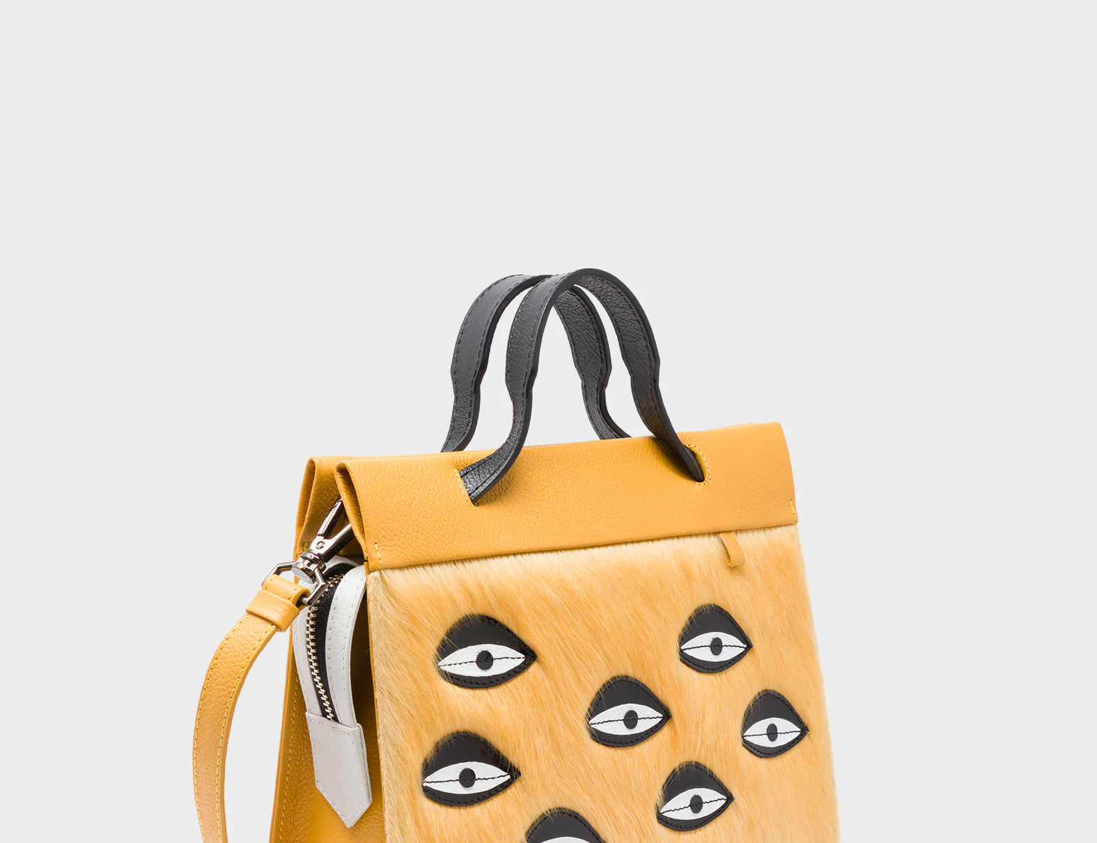 Vali Crossbody Small Golden And Black Leather Bag - Eyes Applique Adjustable Handle - Handles View