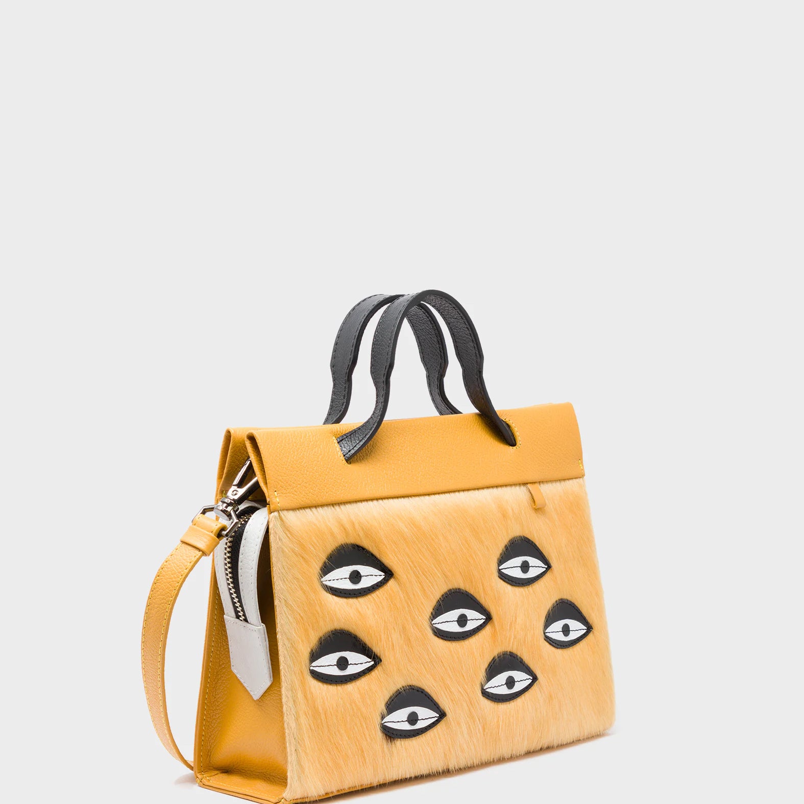 Vali Crossbody Small Golden And Black Leather Bag - Eyes Applique Adjustable Handle - Handles View