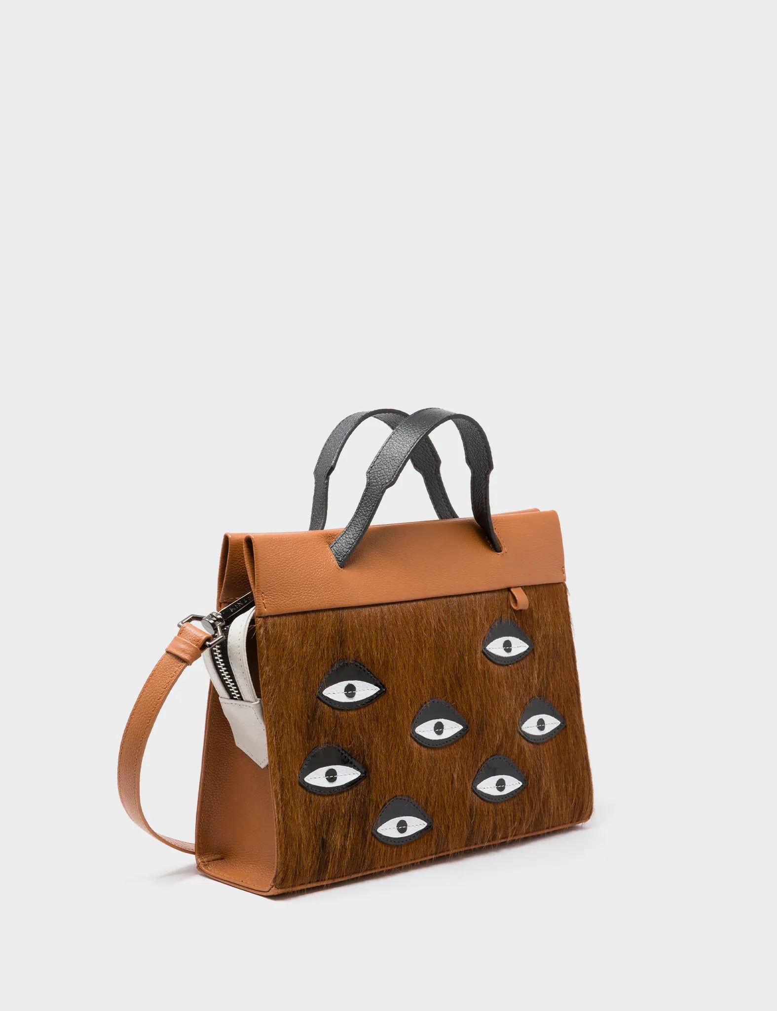 Vali Crossbody Small Baked City Brown Leather Bag - Eyes Applique Adjustable Handle - Handles View