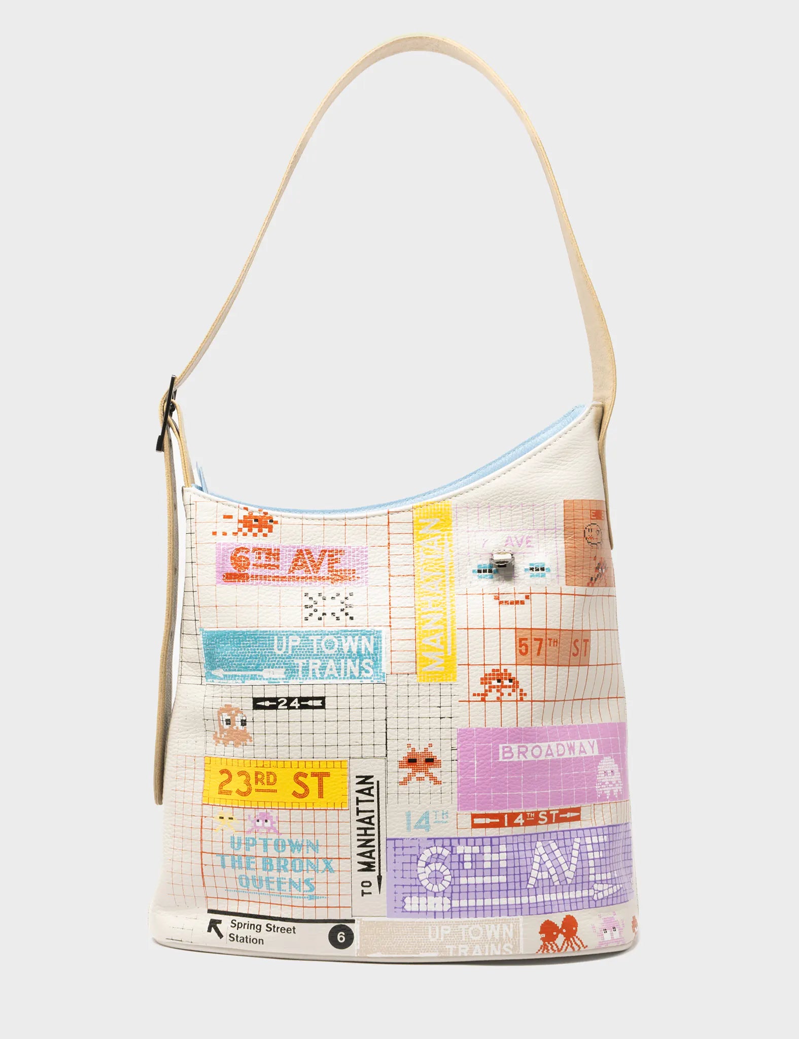 Vinyl Cream Bucket Bag - Subway Stories Print - Front View