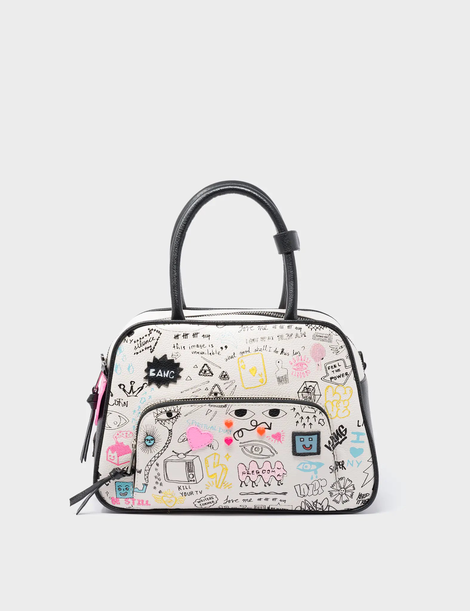 Marino Medium Crossbody Cream Leather Bag - Urban Doodles Design - Front View