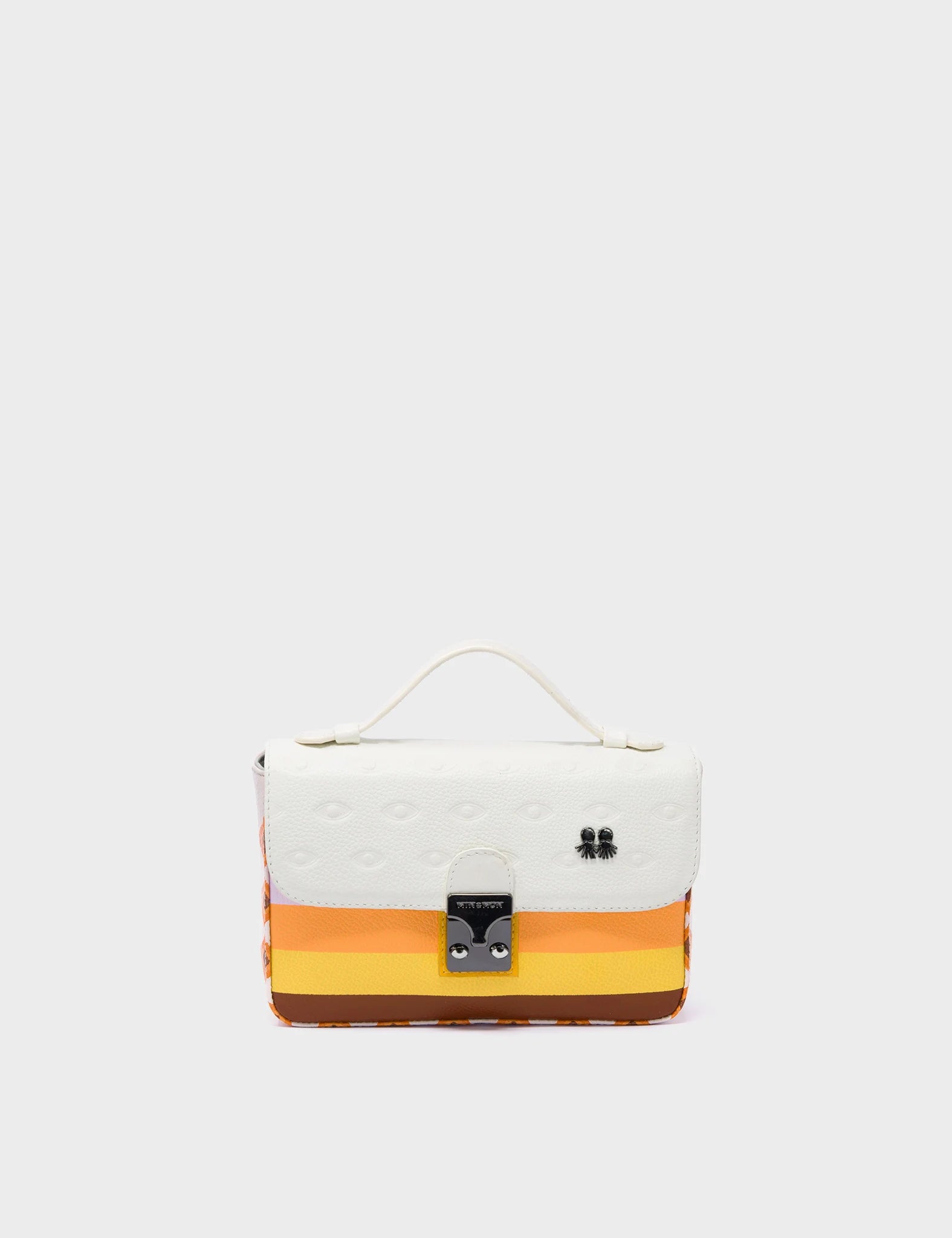 Cream and Marigold Leather Crossbody Mini Handbag - Eyes Pattern Debossed - Front handle 