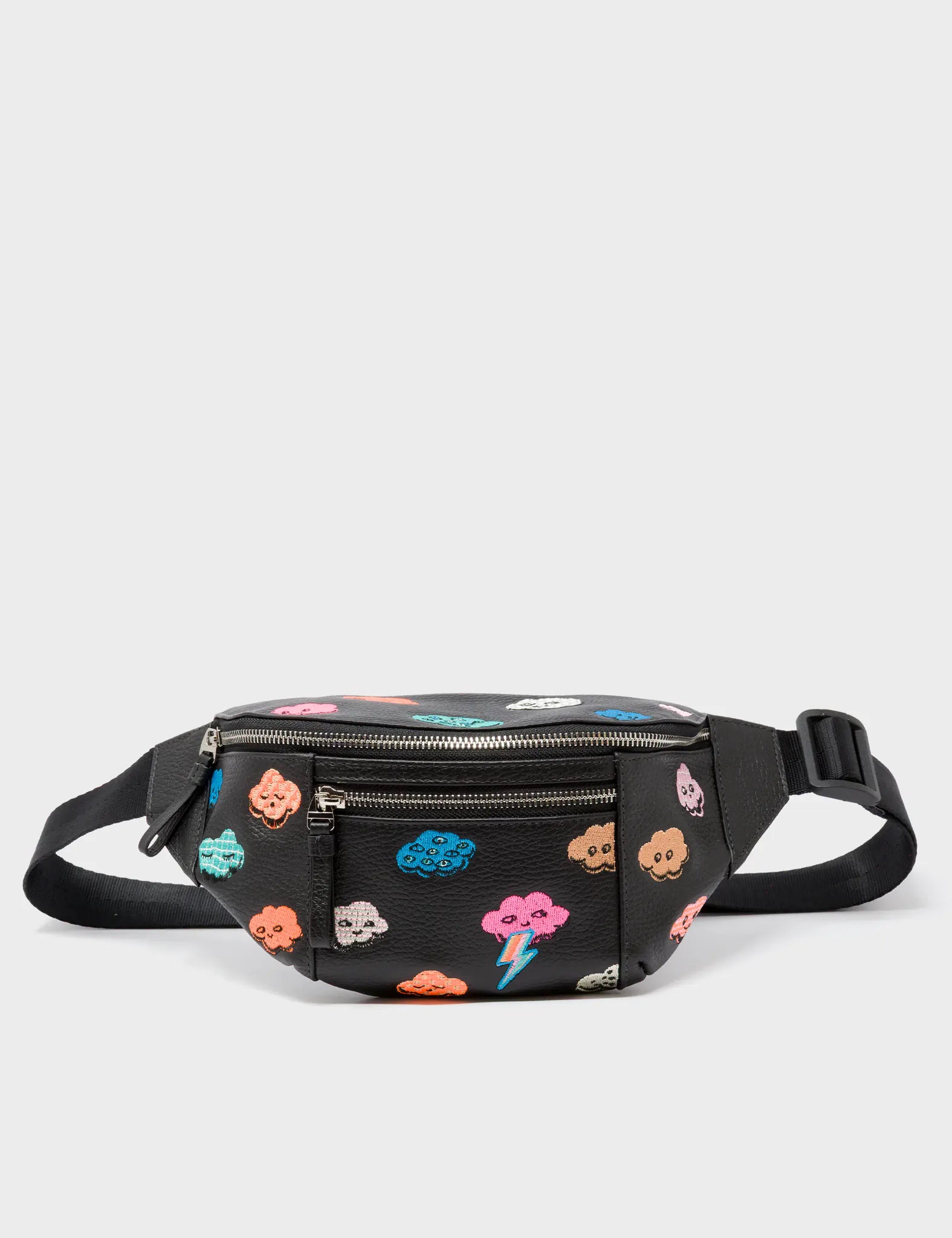 Harold Fanny Pack Black Leather - Happy Clouds Embroidery  - Front View