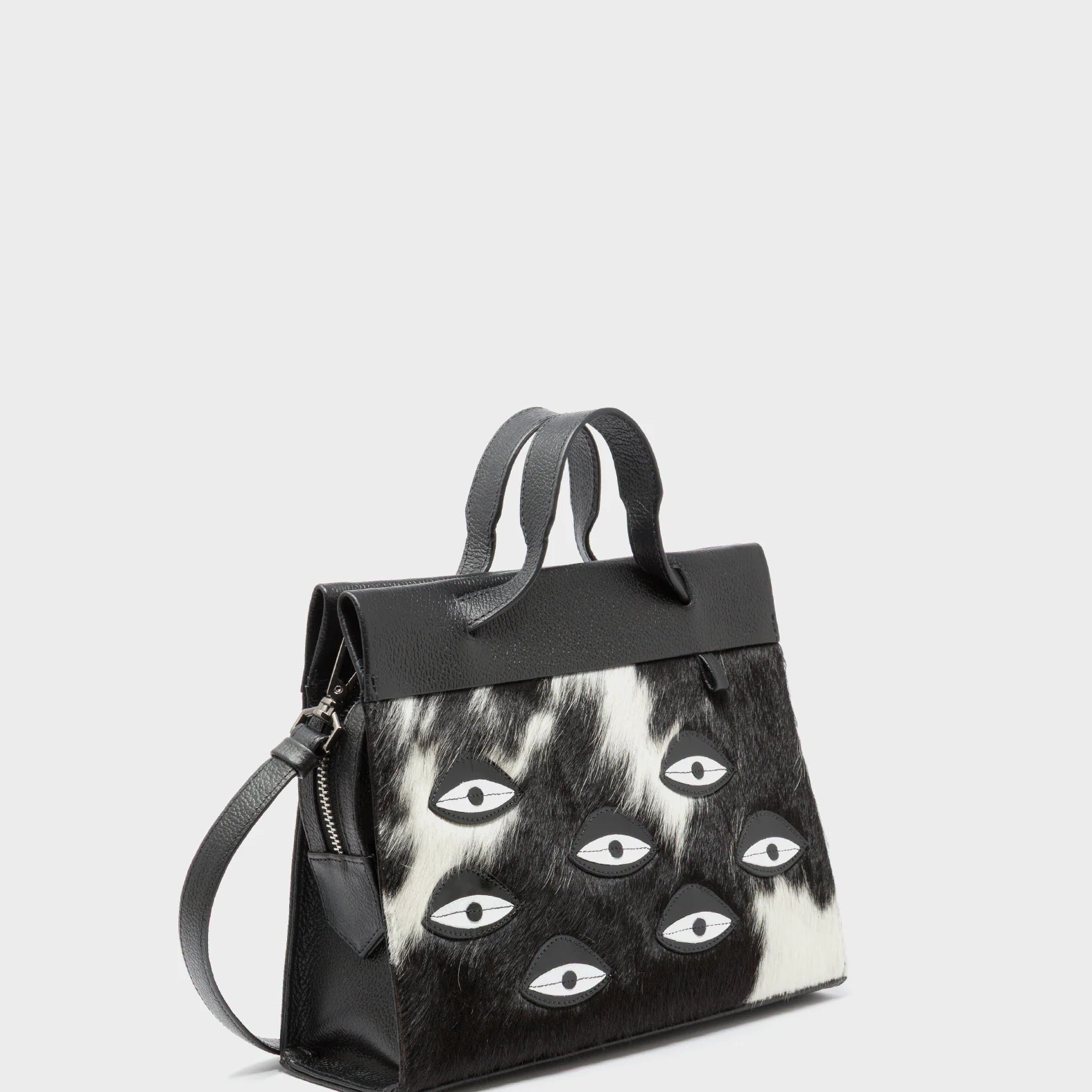 Vali Crossbody Small Black Leather Bag - Eyes Applique Adjustable Handle - Spotted Fur Handles View