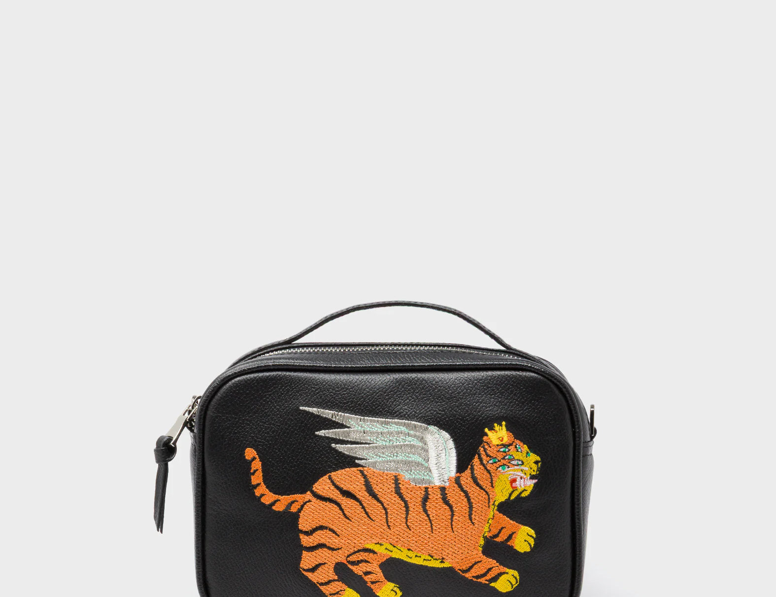 Verto Black Leather Crossbody Bag - Winged Tiger Embroidery - Front View