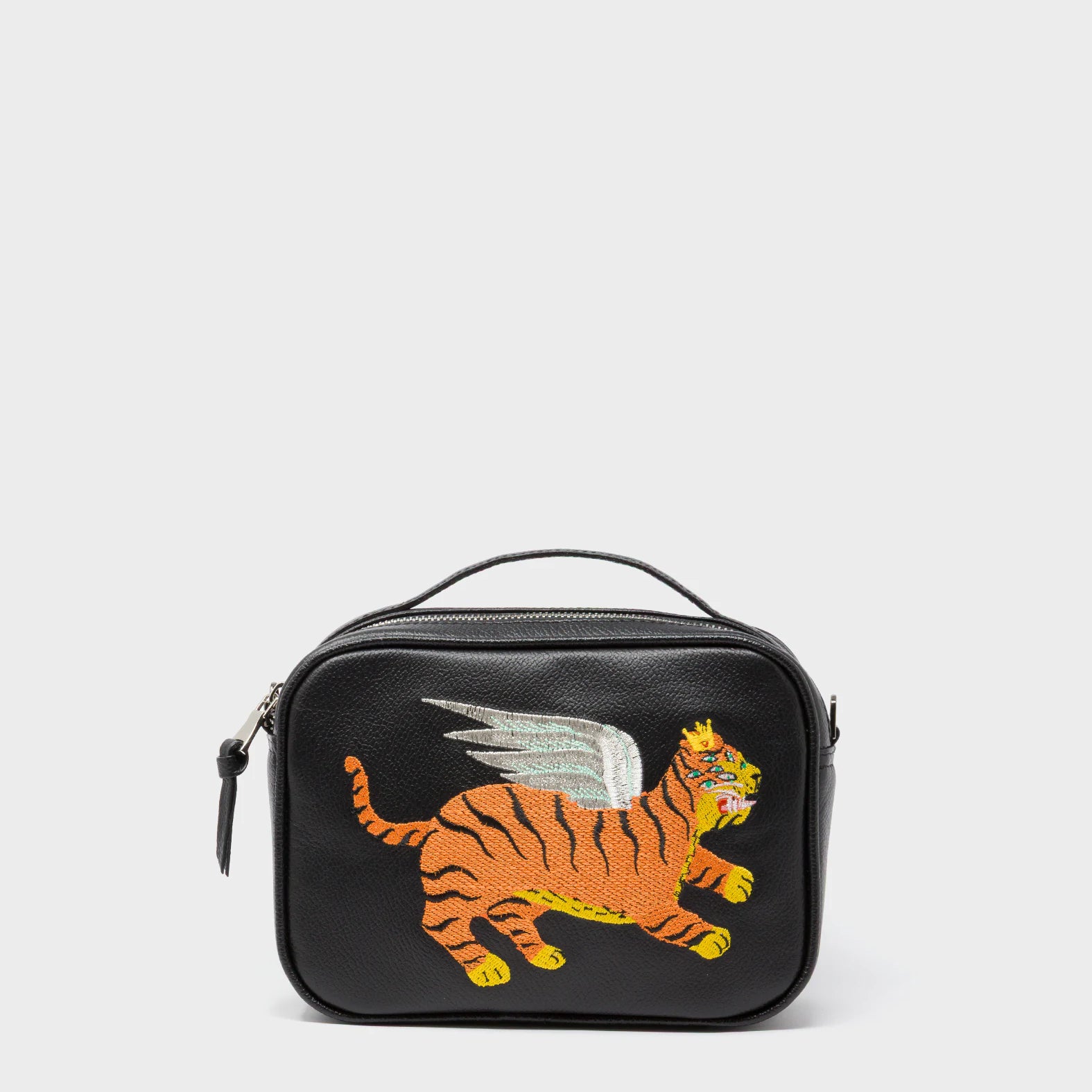 Verto Black Leather Crossbody Bag - Winged Tiger Embroidery - Front View