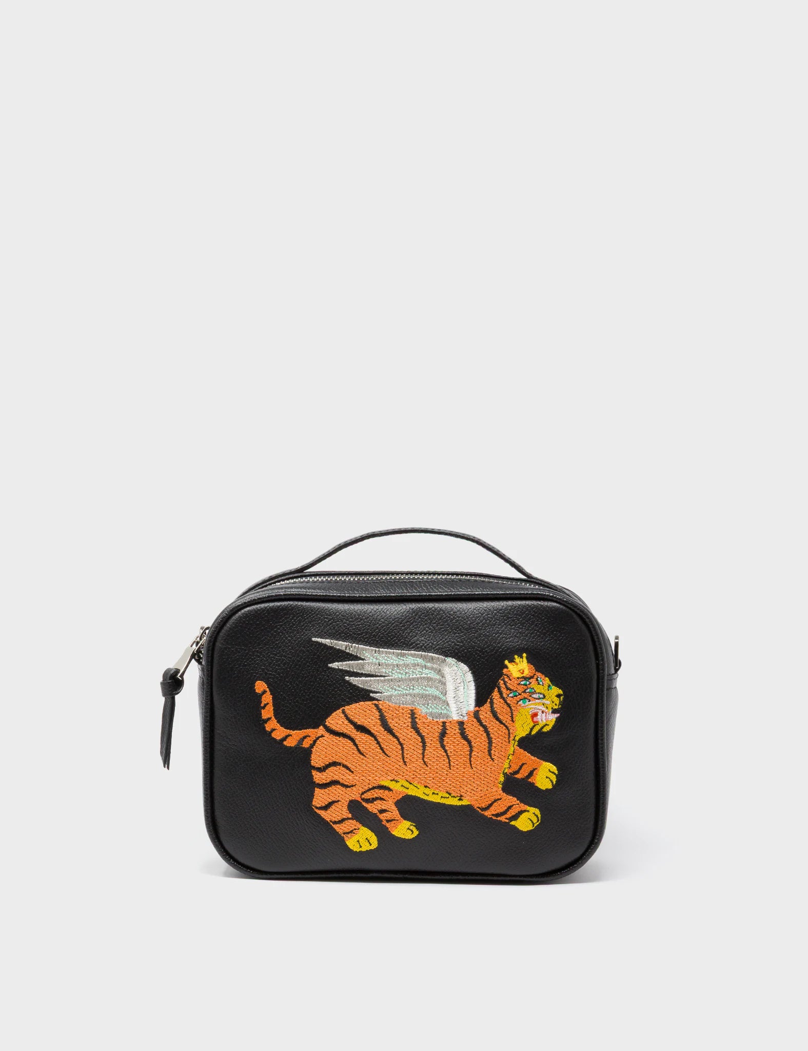 Verto Black Leather Crossbody Bag - Winged Tiger Embroidery - Front View