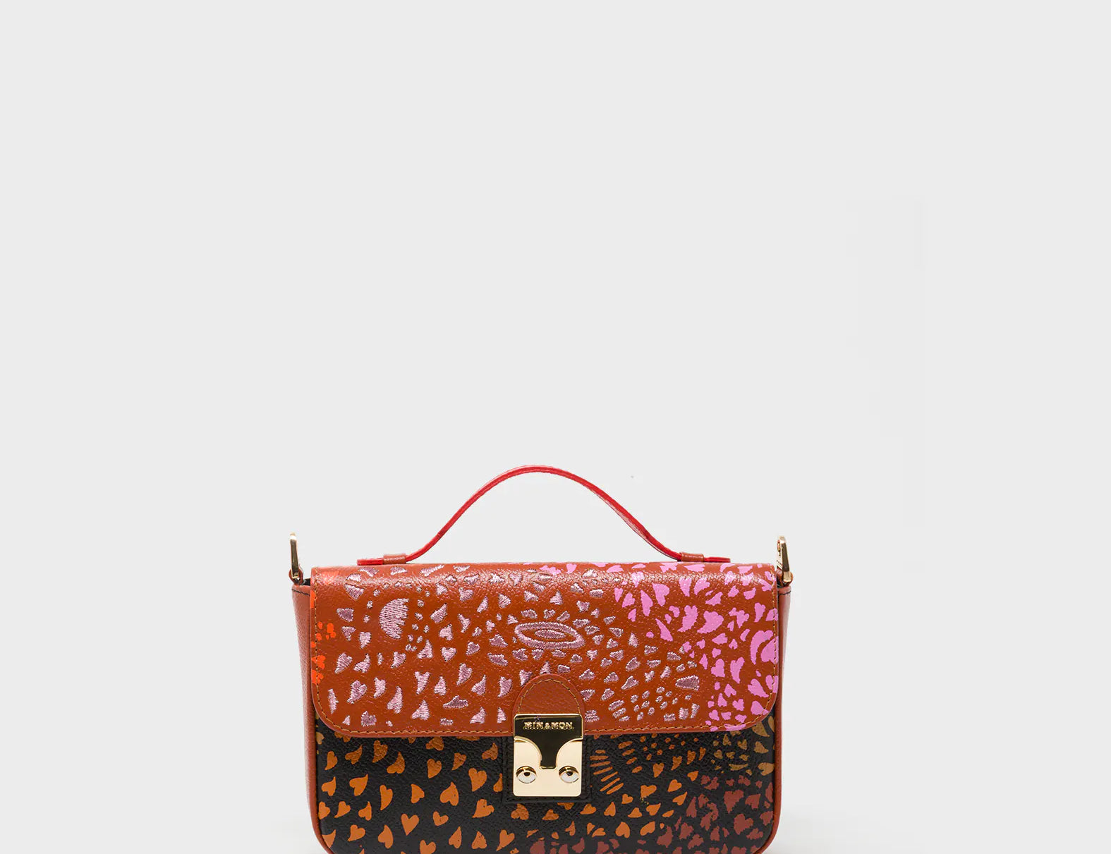 Amantis Baked City Brown Leather Crossbody Mini Handbag - Retro Tiger Design - Front