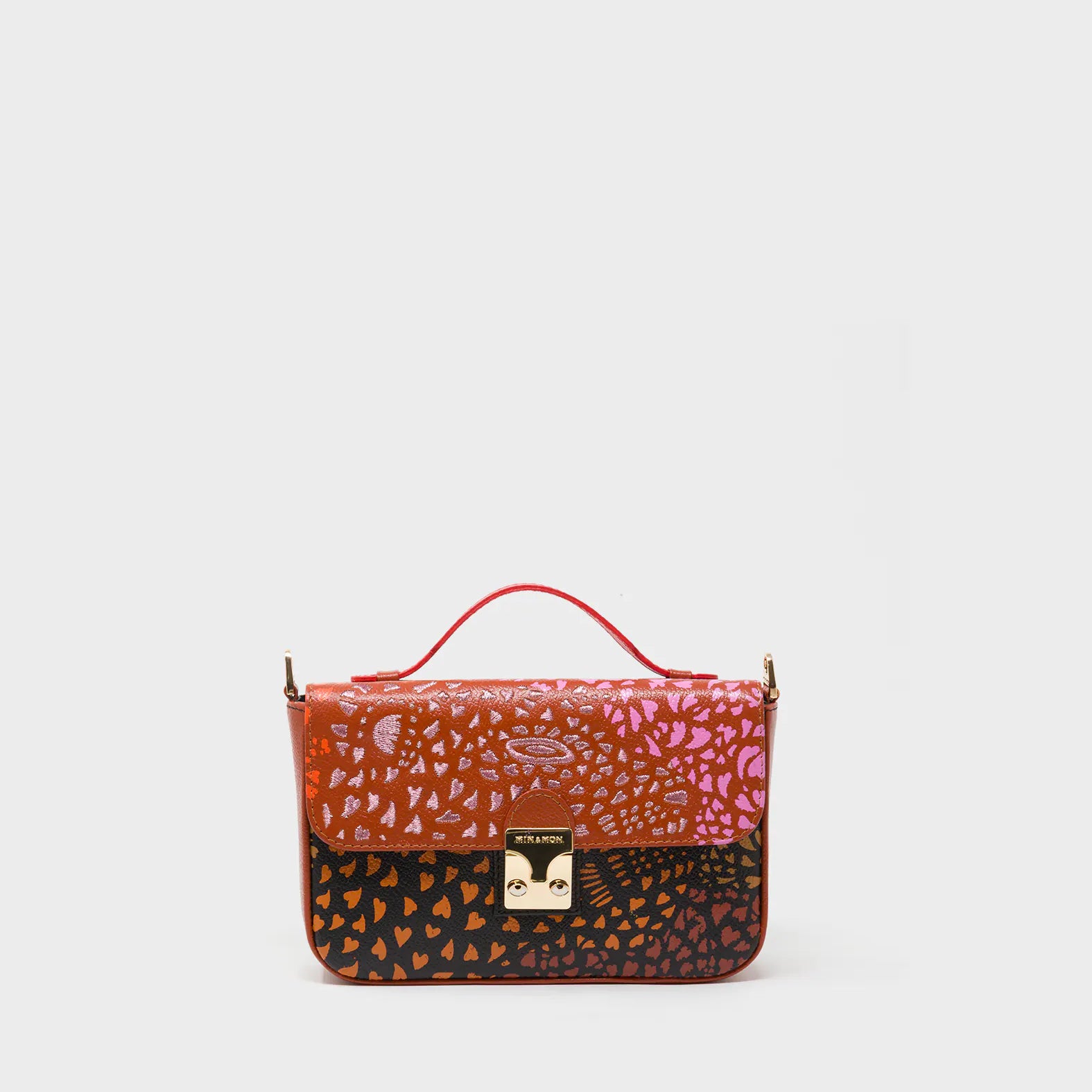 Amantis Baked City Brown Leather Crossbody Mini Handbag - Retro Tiger Design - Front