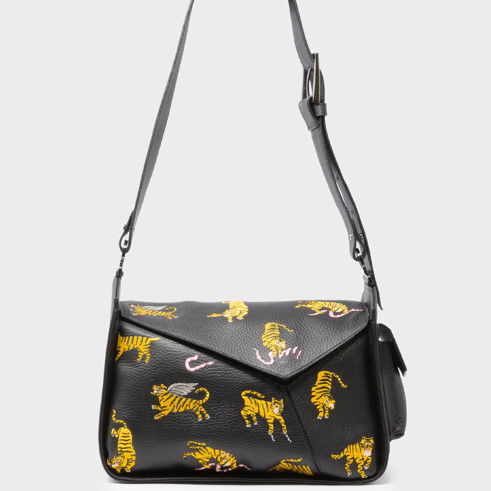 Houston Black Leather Shoulder Bag - Tiger Rumble - Front