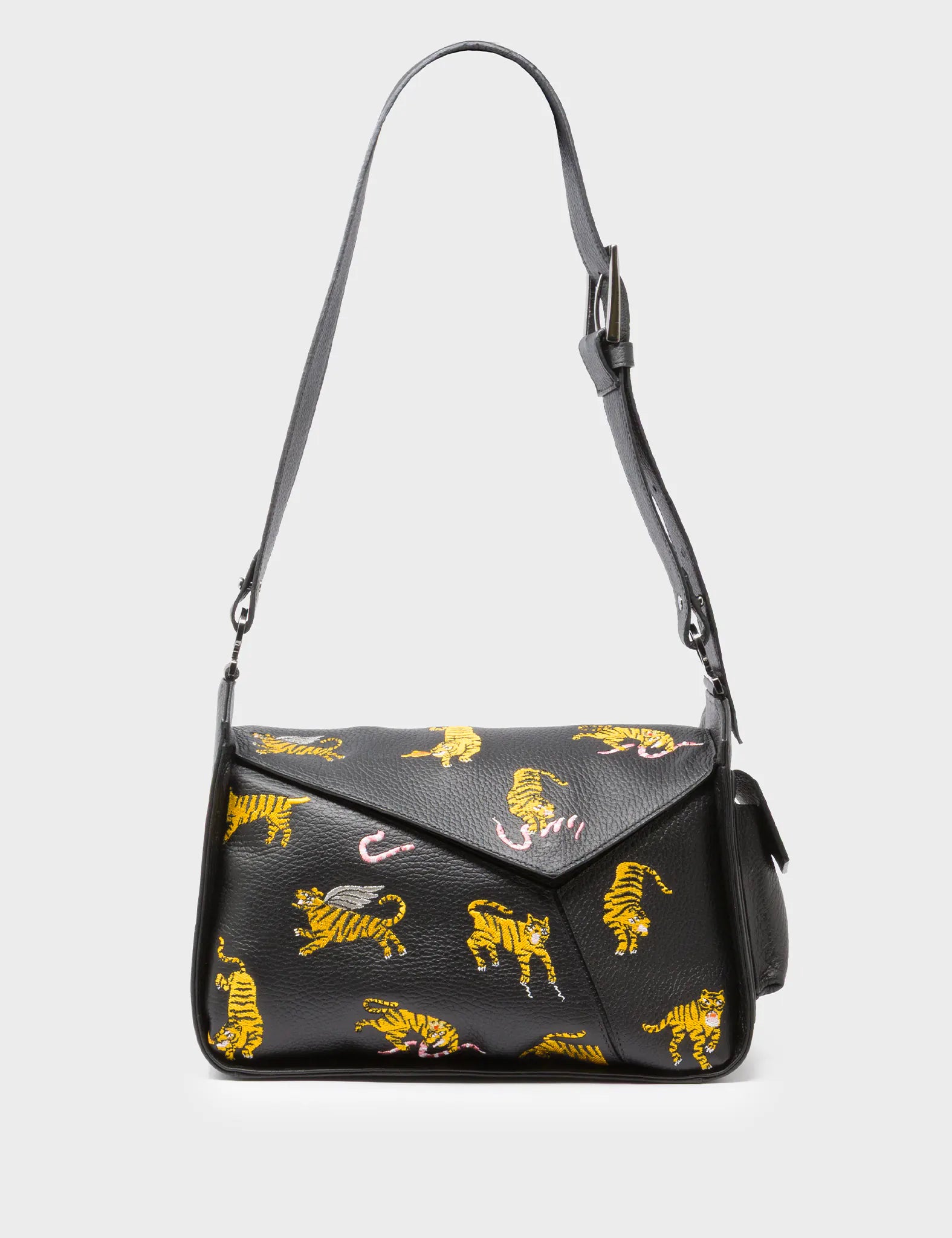 Houston Black Leather Shoulder Bag - Tiger Rumble - Front
