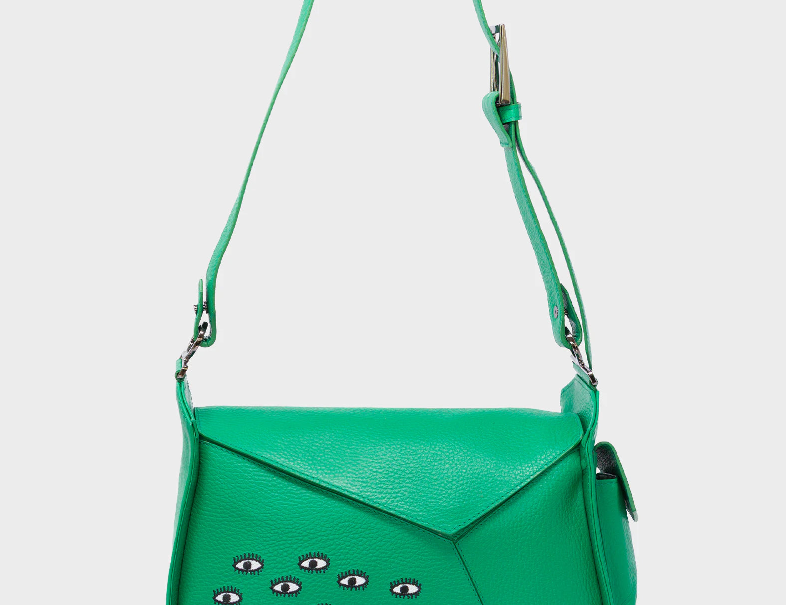 Houston Irish Green Leather Shoulder Bag - All Over Eyes Embroidery - Front