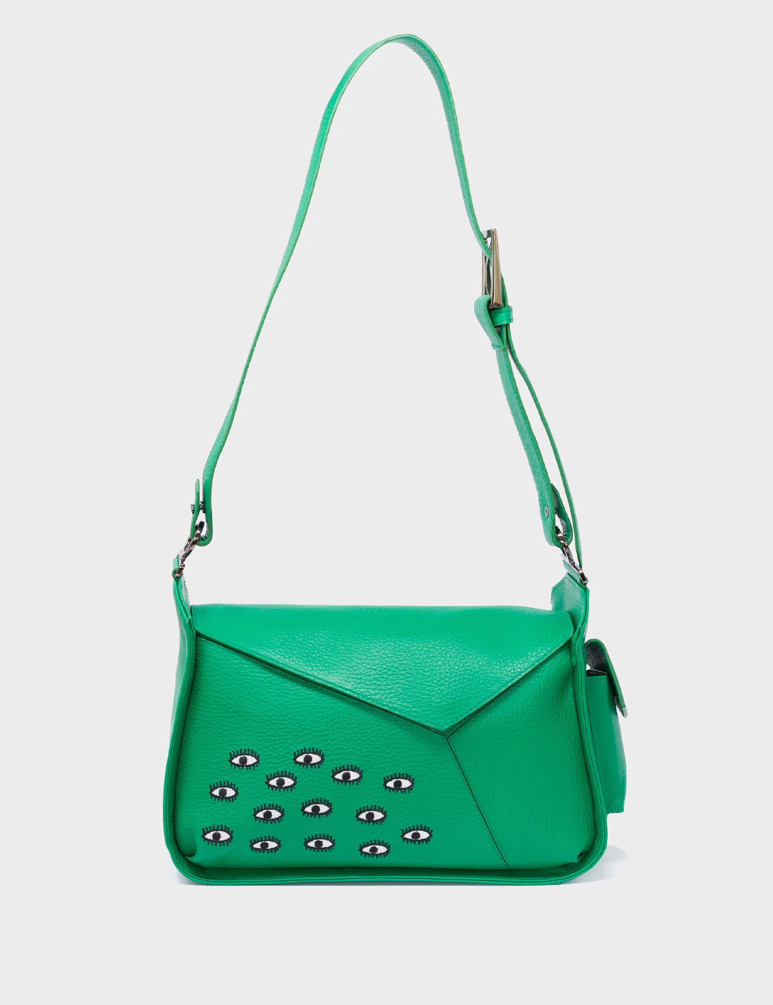 Houston Irish Green Leather Shoulder Bag - All Over Eyes Embroidery - Front