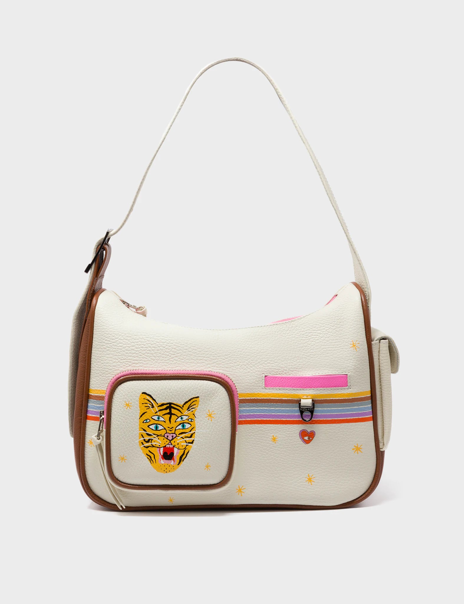 Ilan Cream Leather Hobo With Pocket - Happy Tiger Design - Front View