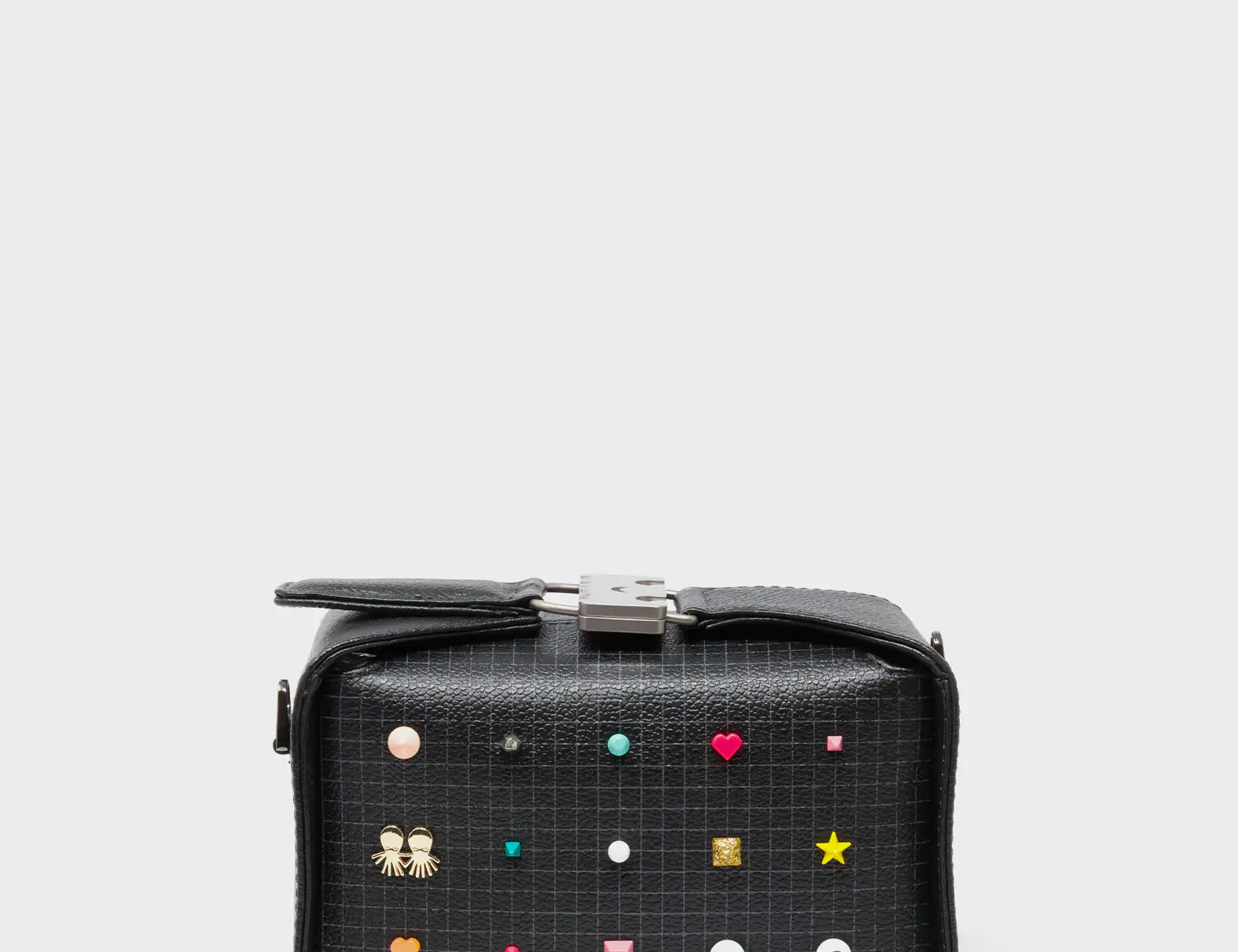 Benji Micro Crossbody Black Leather Bag - Studs Pattern - Front