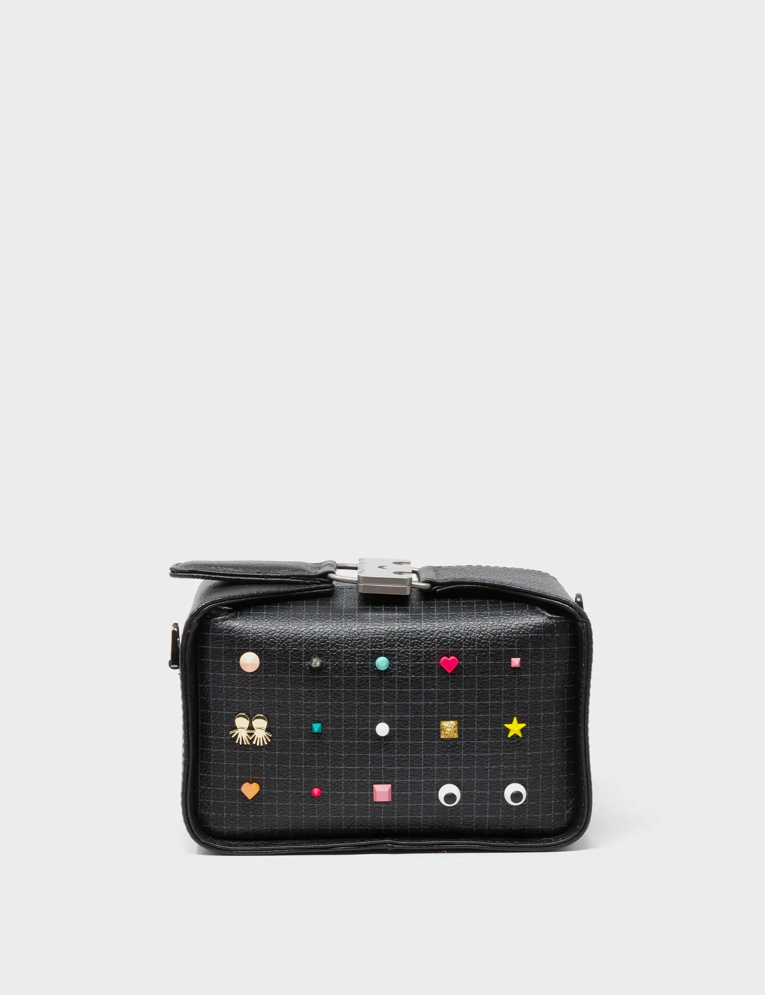 Benji Micro Crossbody Black Leather Bag - Studs Pattern - Front