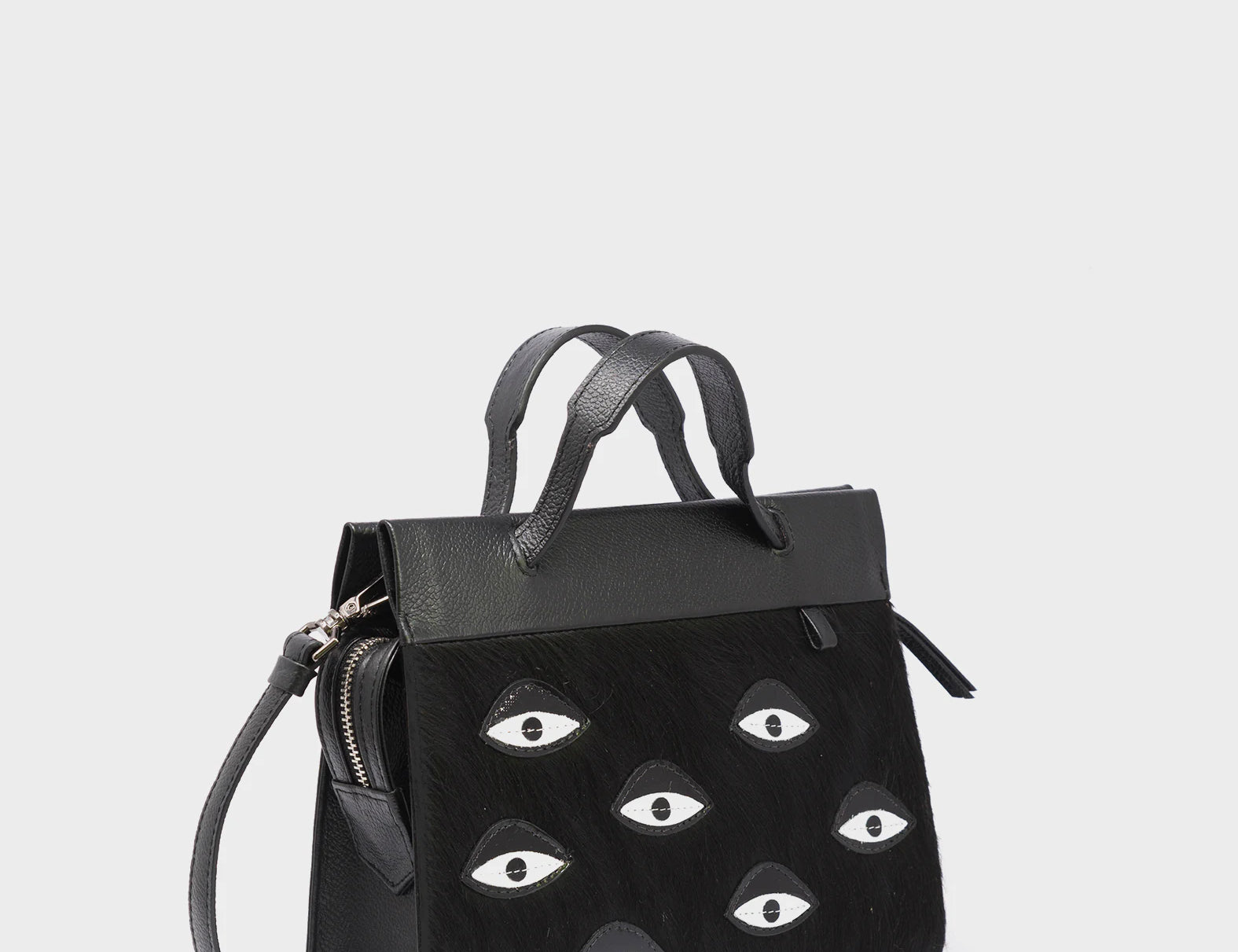 Vali Crossbody Small Black Leather Bag - Eyes Applique Adjustable Handle - Handles View