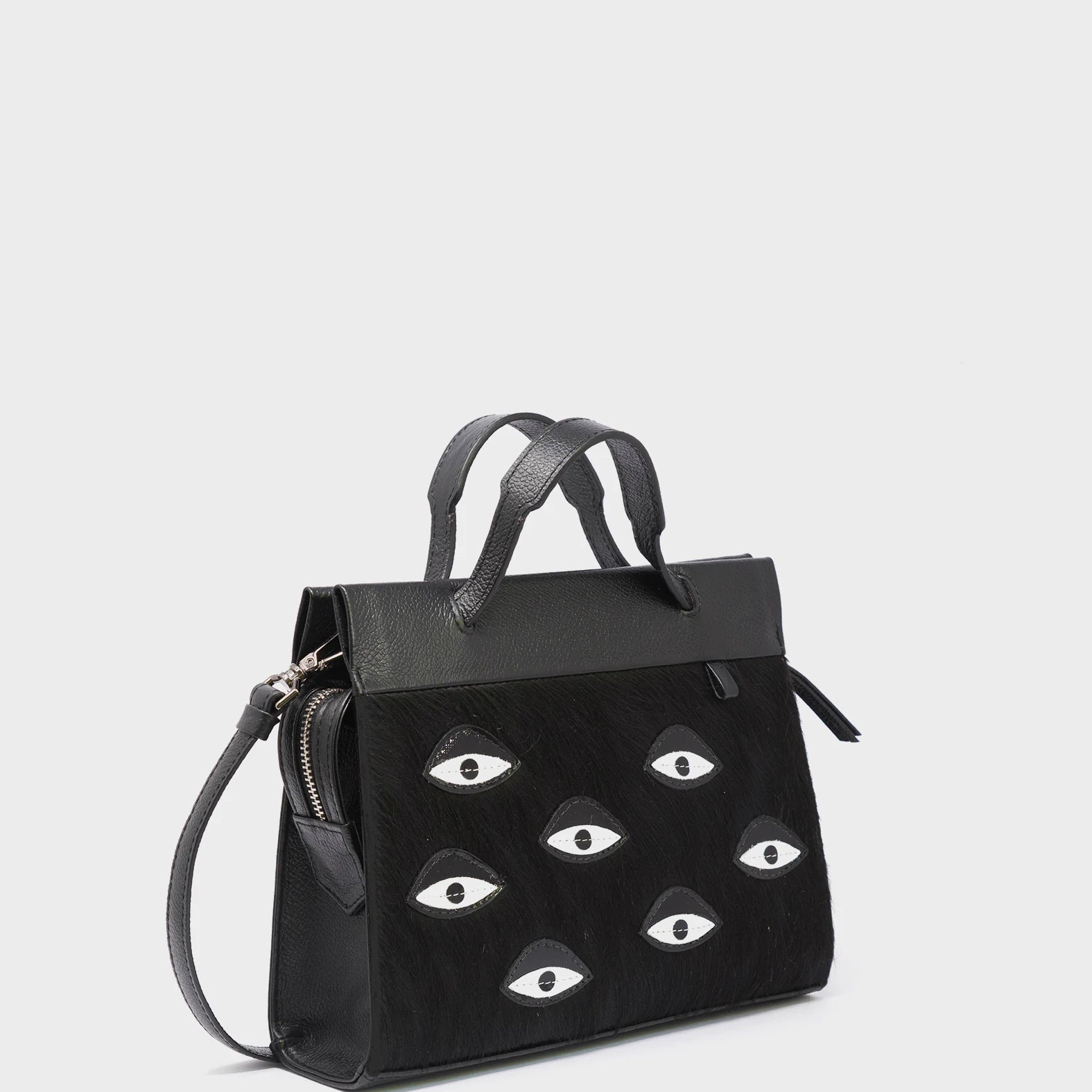 Vali Crossbody Small Black Leather Bag - Eyes Applique Adjustable Handle - Handles View