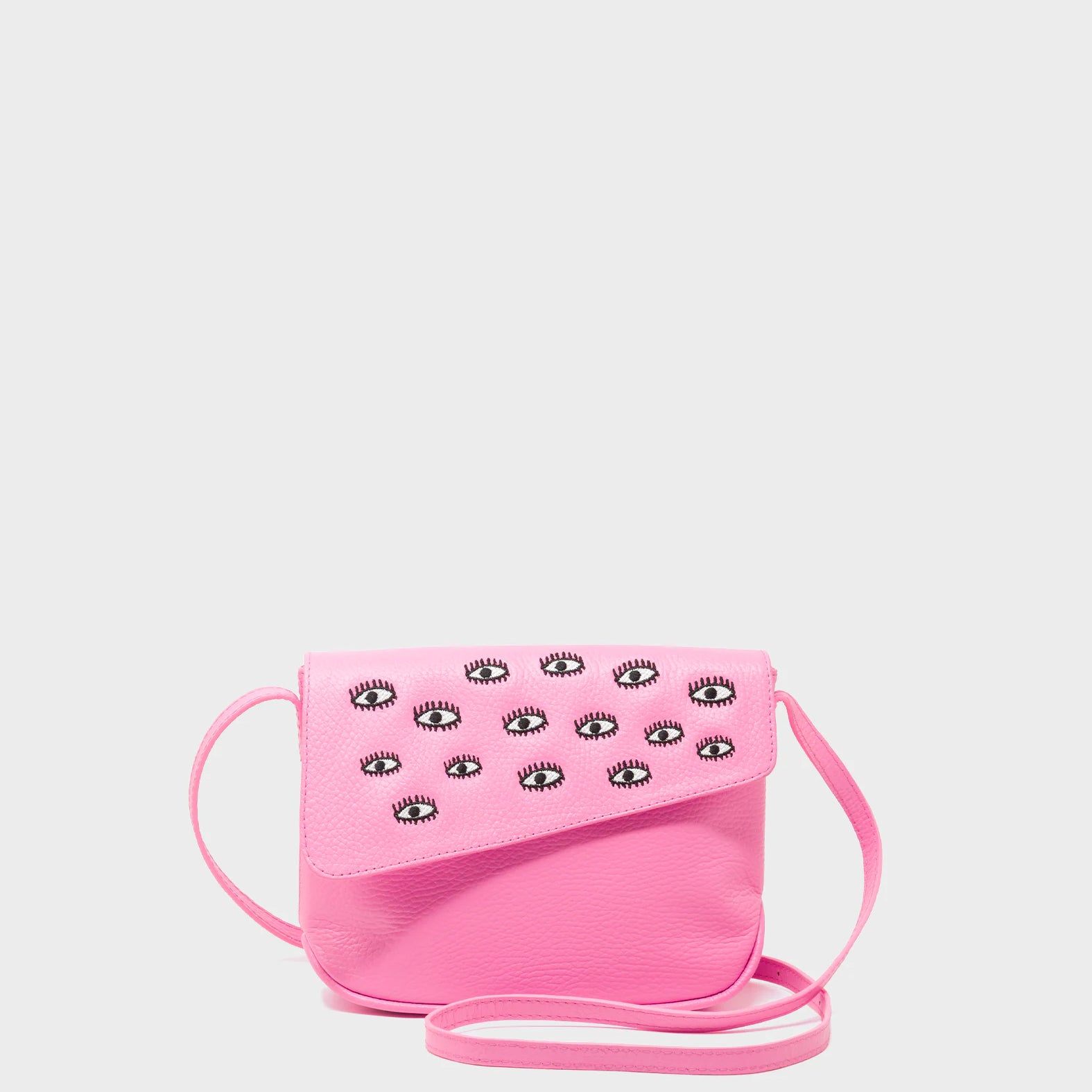 Bruno Mini Crossbody Bubblegum Pink Leather Bag - All Over Eyes Embroidery- Front View