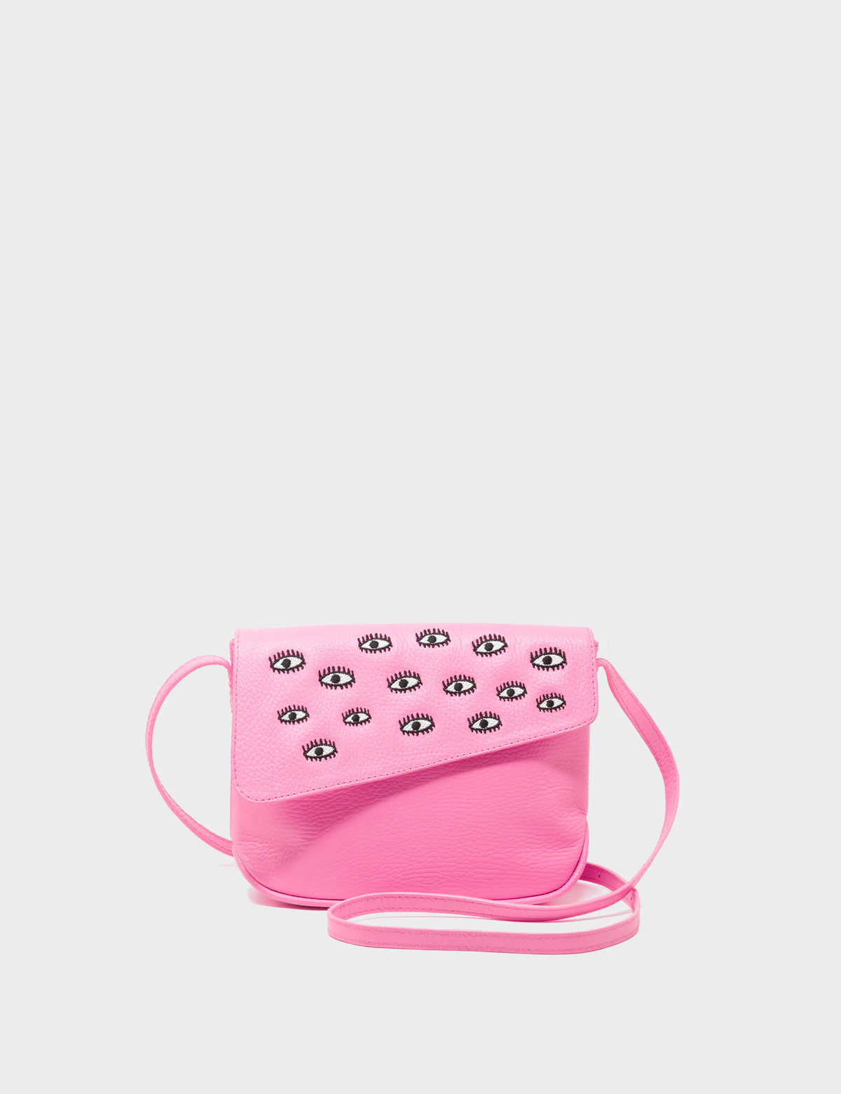 Bruno Mini Crossbody Bubblegum Pink Leather Bag - All Over Eyes Embroidery- Front View