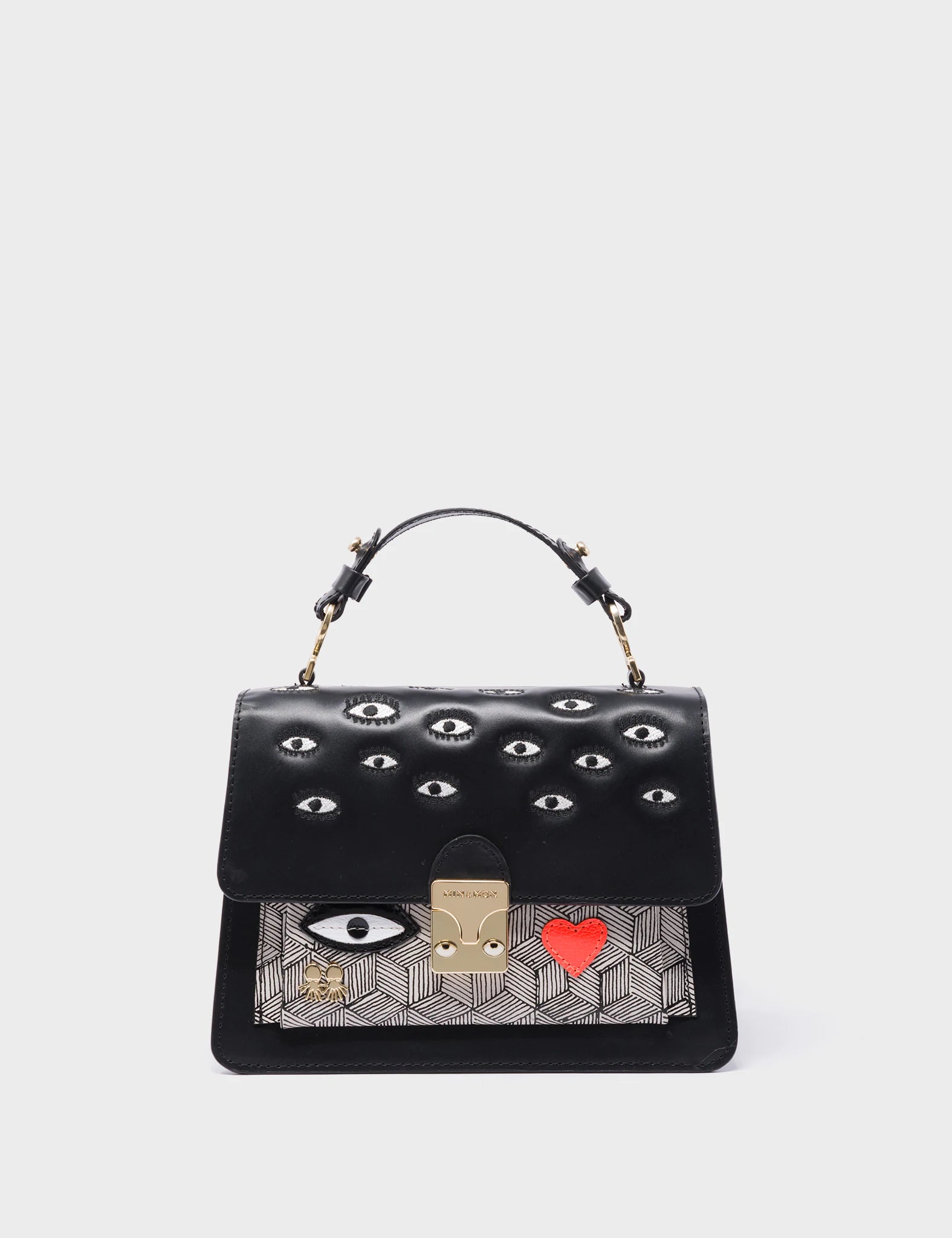 Silas Black Small Leather Crossbody Bag - Eyes Embroidery - Front 