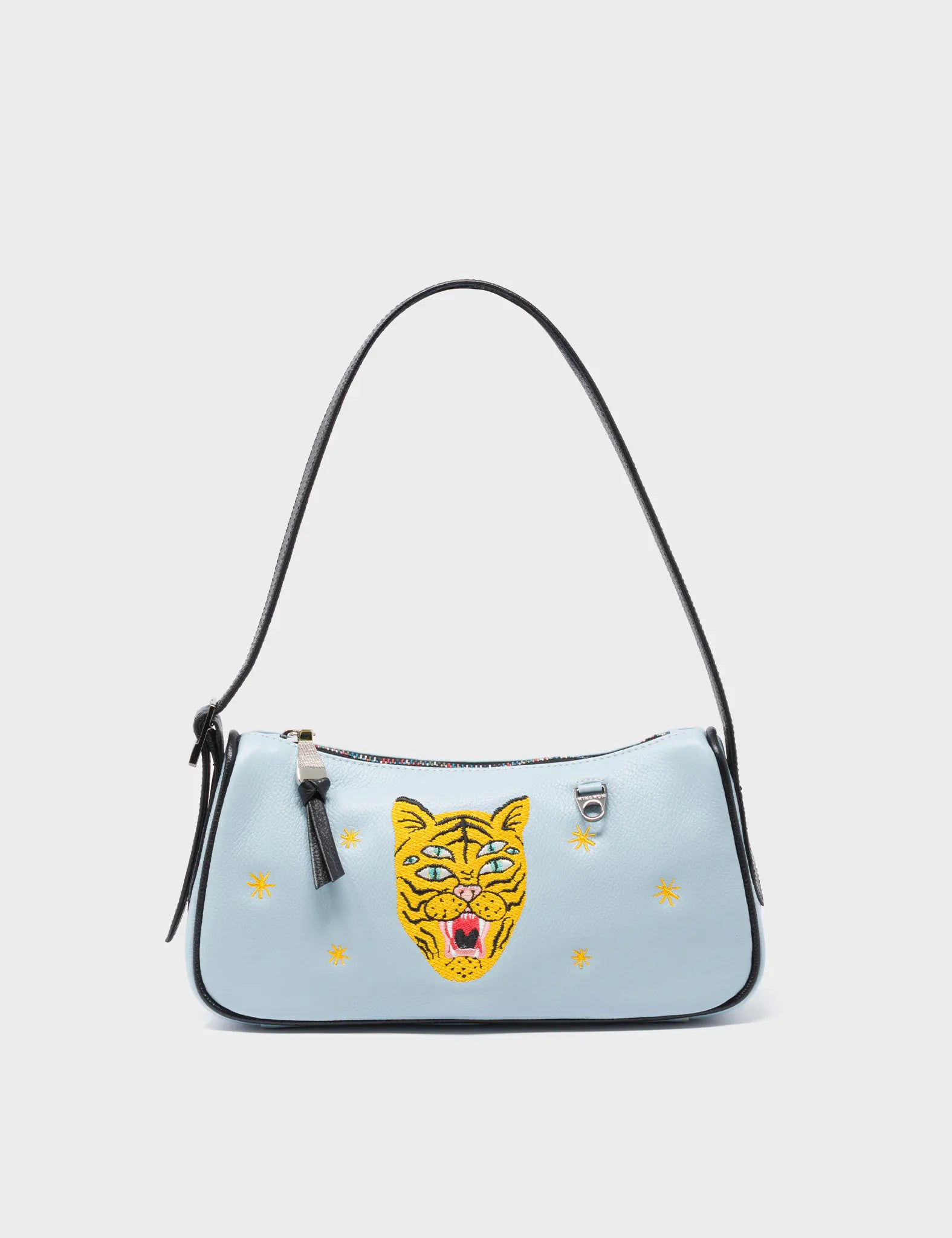 Lucas Hobo Mini Omphalodes Blue Handbag - Happy Tiger Print - Front View