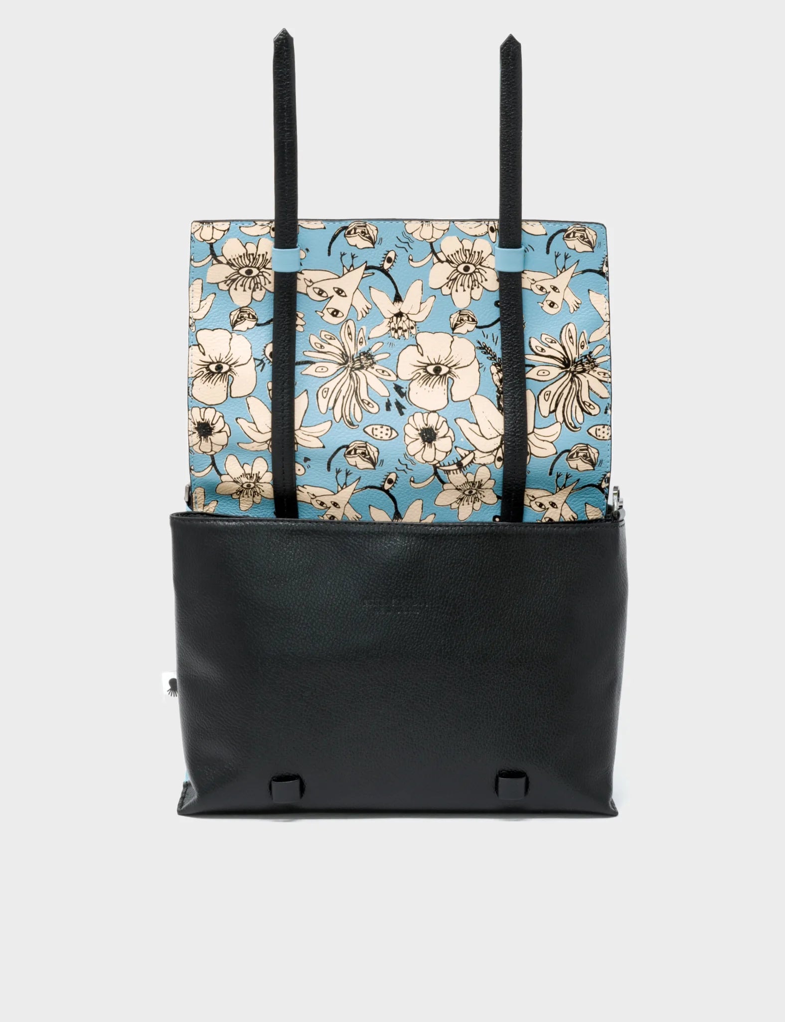 Reversible Small Messenger Bag Balck And Blue Leather - Floral Print - flap