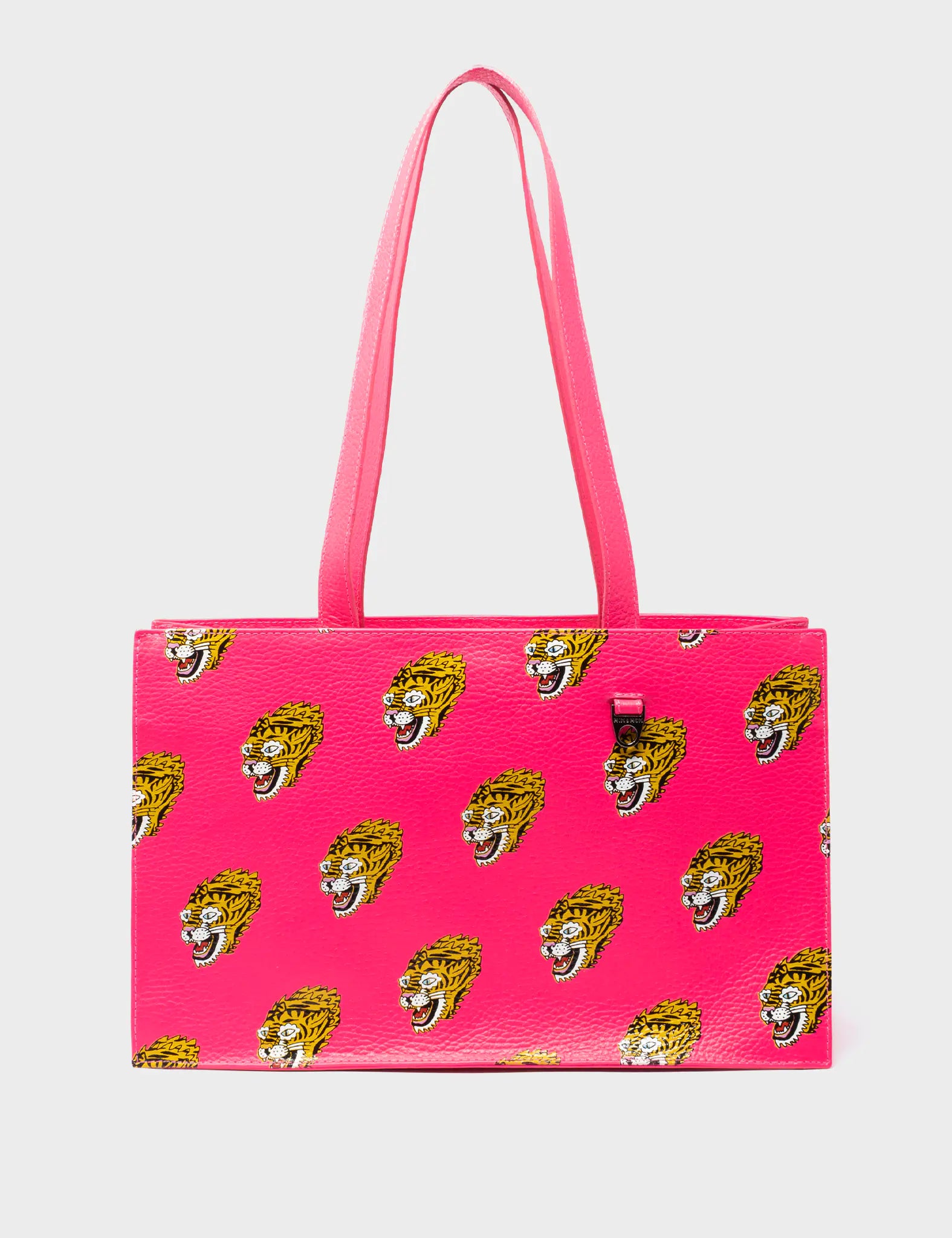 Marko Small Neon Pink Leather Tote Bag - Blazing Tiger Print - Front View