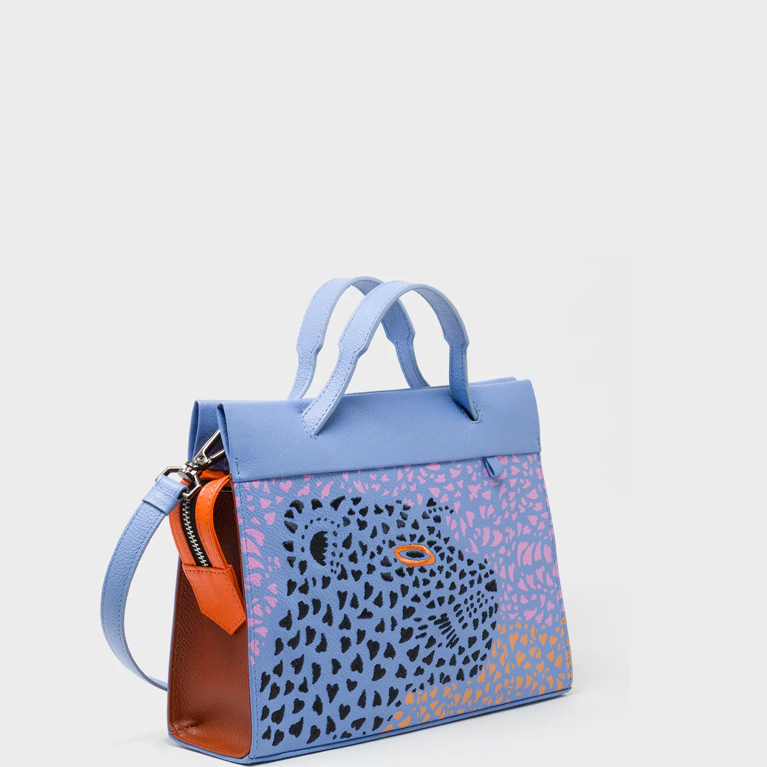 Vali Crossbody Vista Blue Leather Bag - Retro Tiger Design - Handles View