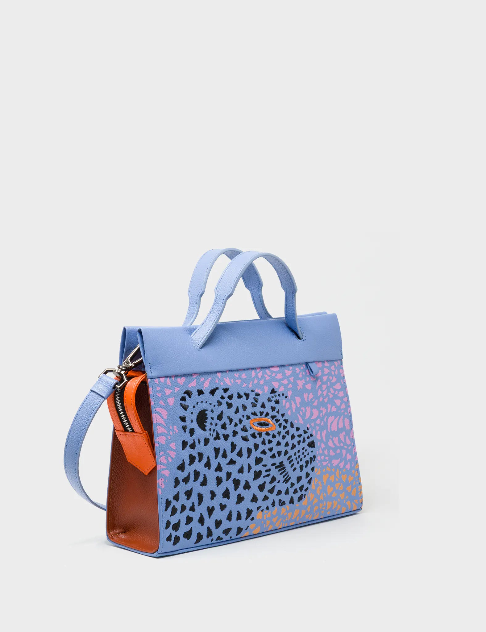 Vali Crossbody Vista Blue Leather Bag - Retro Tiger Design - Handles View